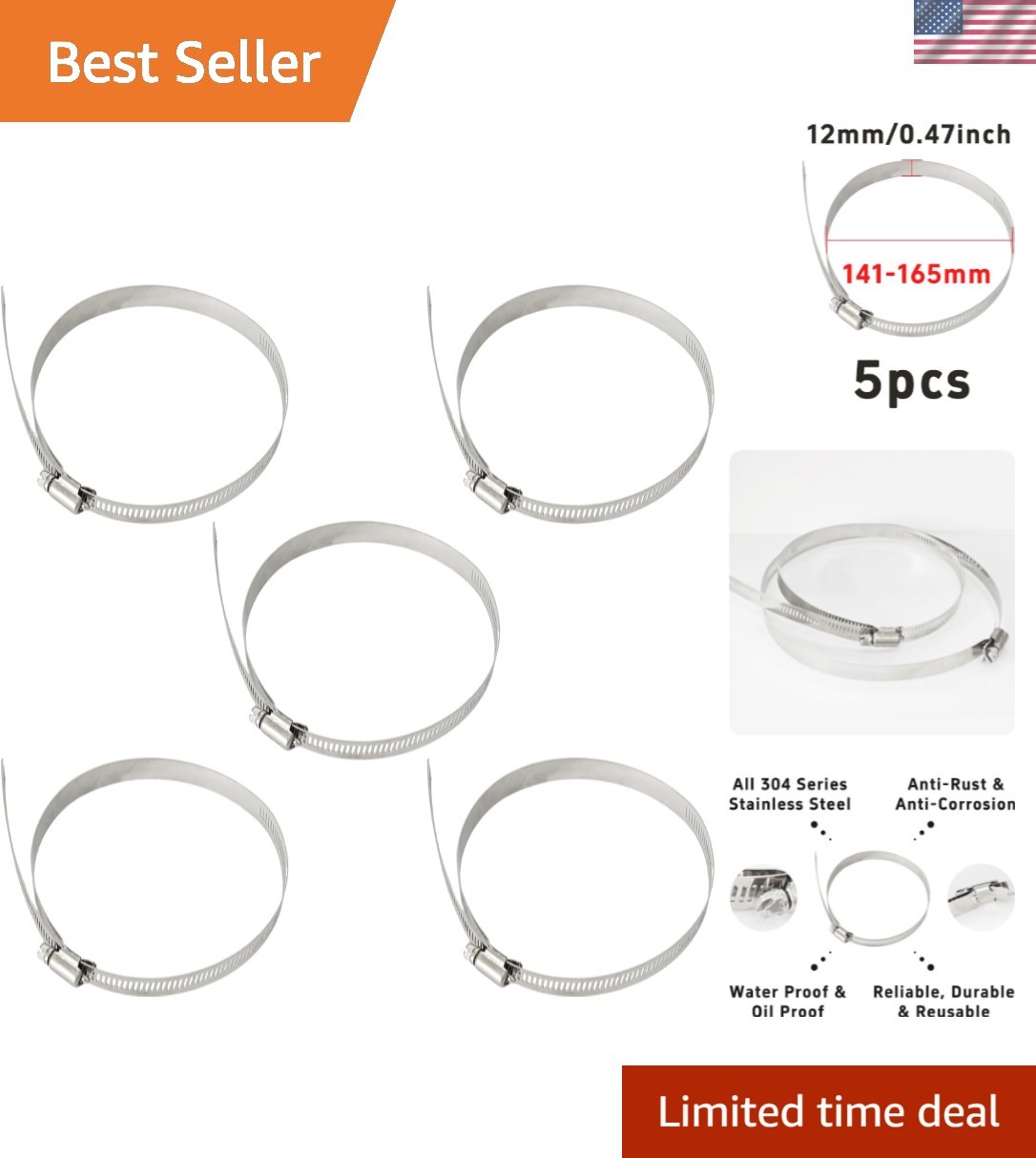 Versatile Stainless Steel Clamp Kit, 5PCS Adjustable 5.55-6.5\' for Multiple Uses