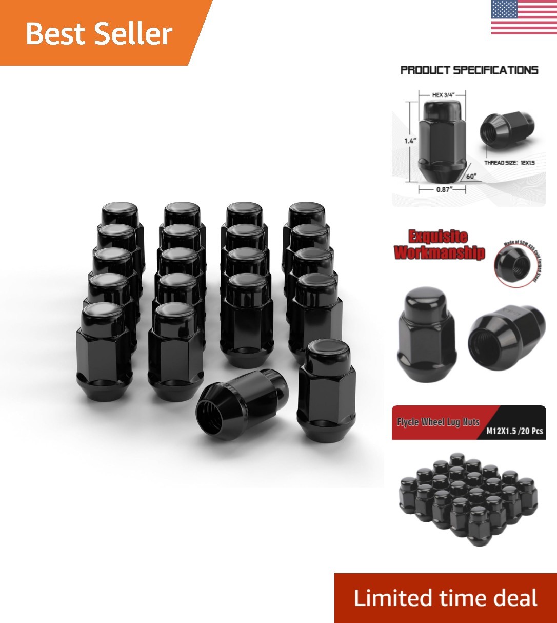 20PCS Black 12x1.5 Acorn Wheel Lug Nuts - Durable Alloy Steel for Aftermarket...