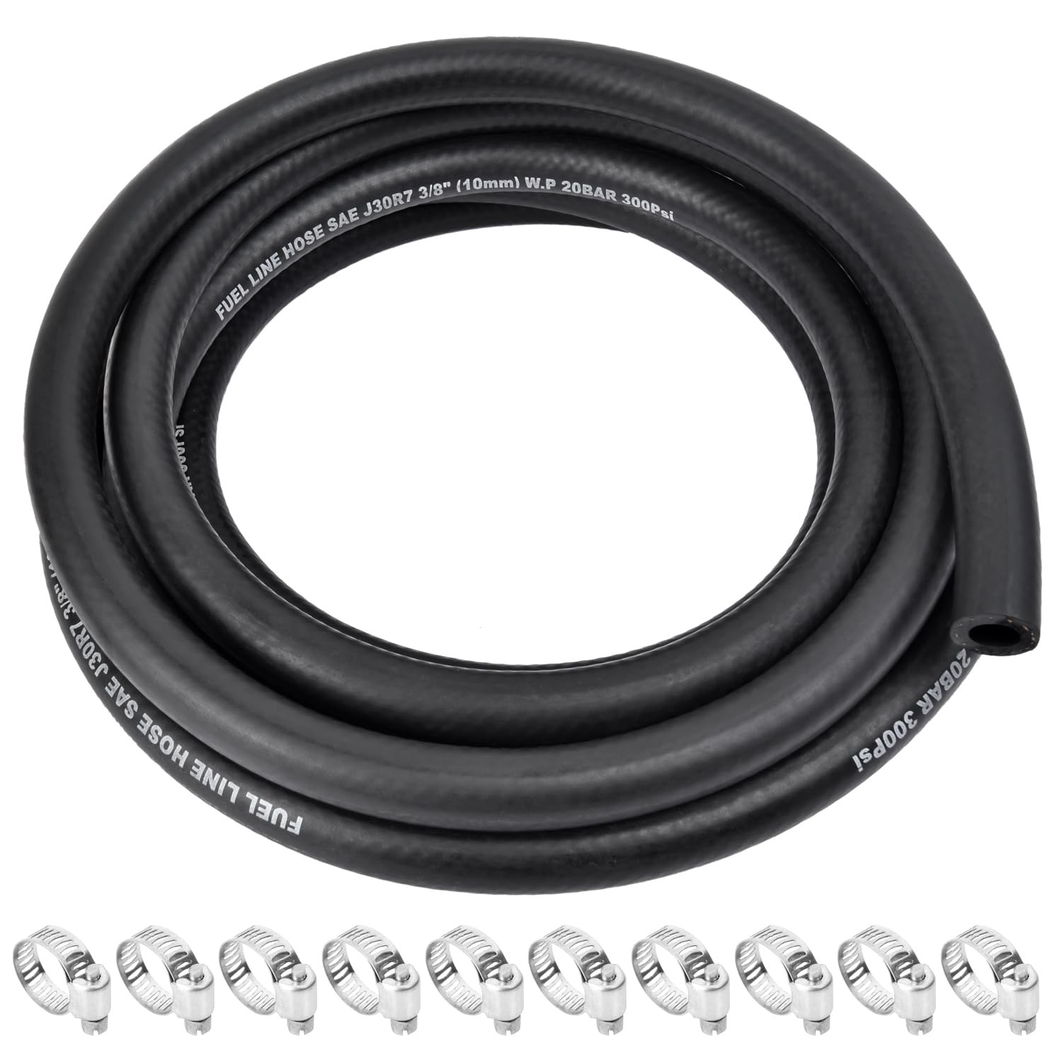 5/16 Inch ID Fuel Line Hose, J30R9 NBR Rubber Push 5/16-10FT With 10 Clamps