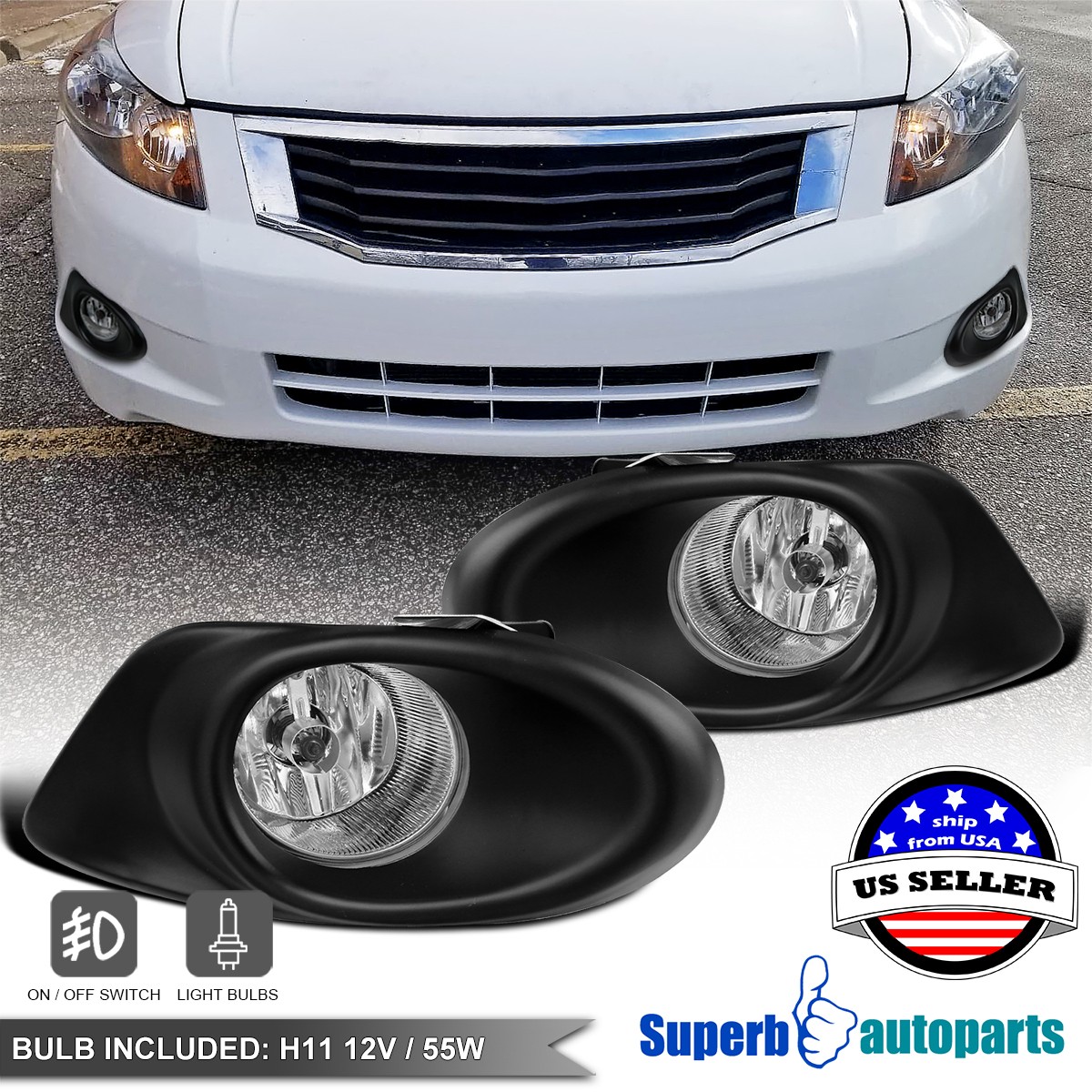 Fits 2008-2010 Honda Accord 4Dr 4-Cylinder Front Fog Bumper Lights