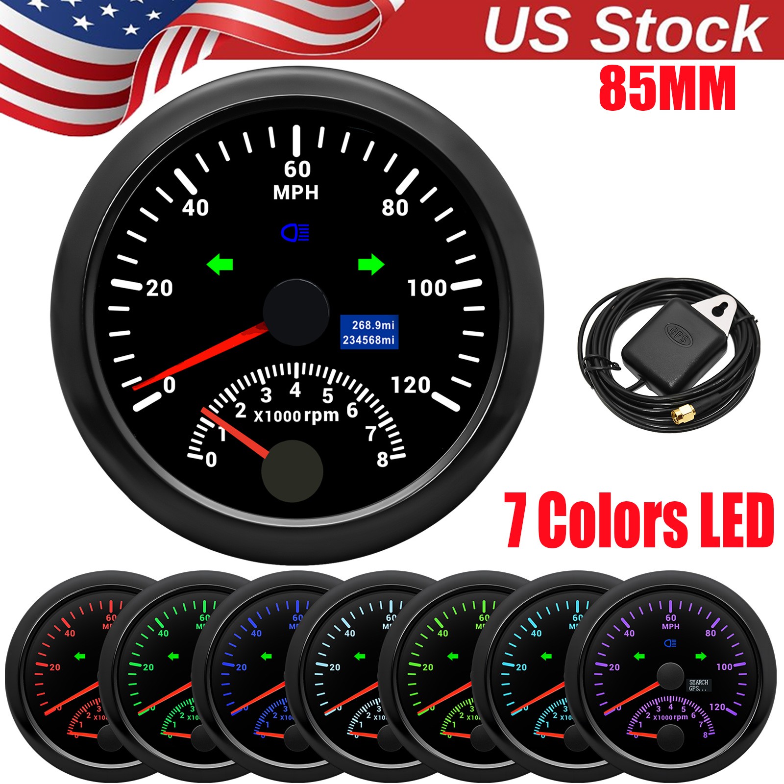85MM Black GPS Speedometer 120MPH With Tachometer 8000RPM Gauge For Boat Car US