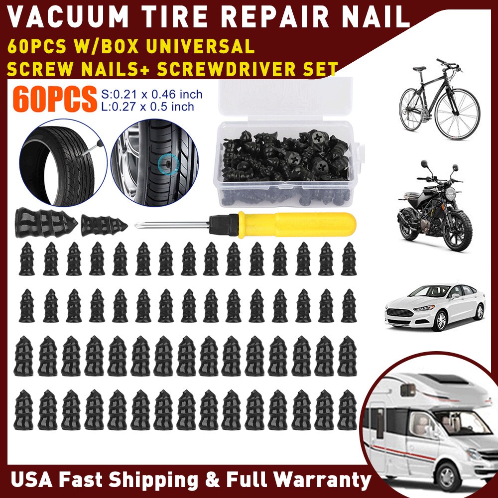 60PCS Car Vacuum Tire Repair Rubber Nail Screw Nails+ Screwdriver Tool Set w/Box