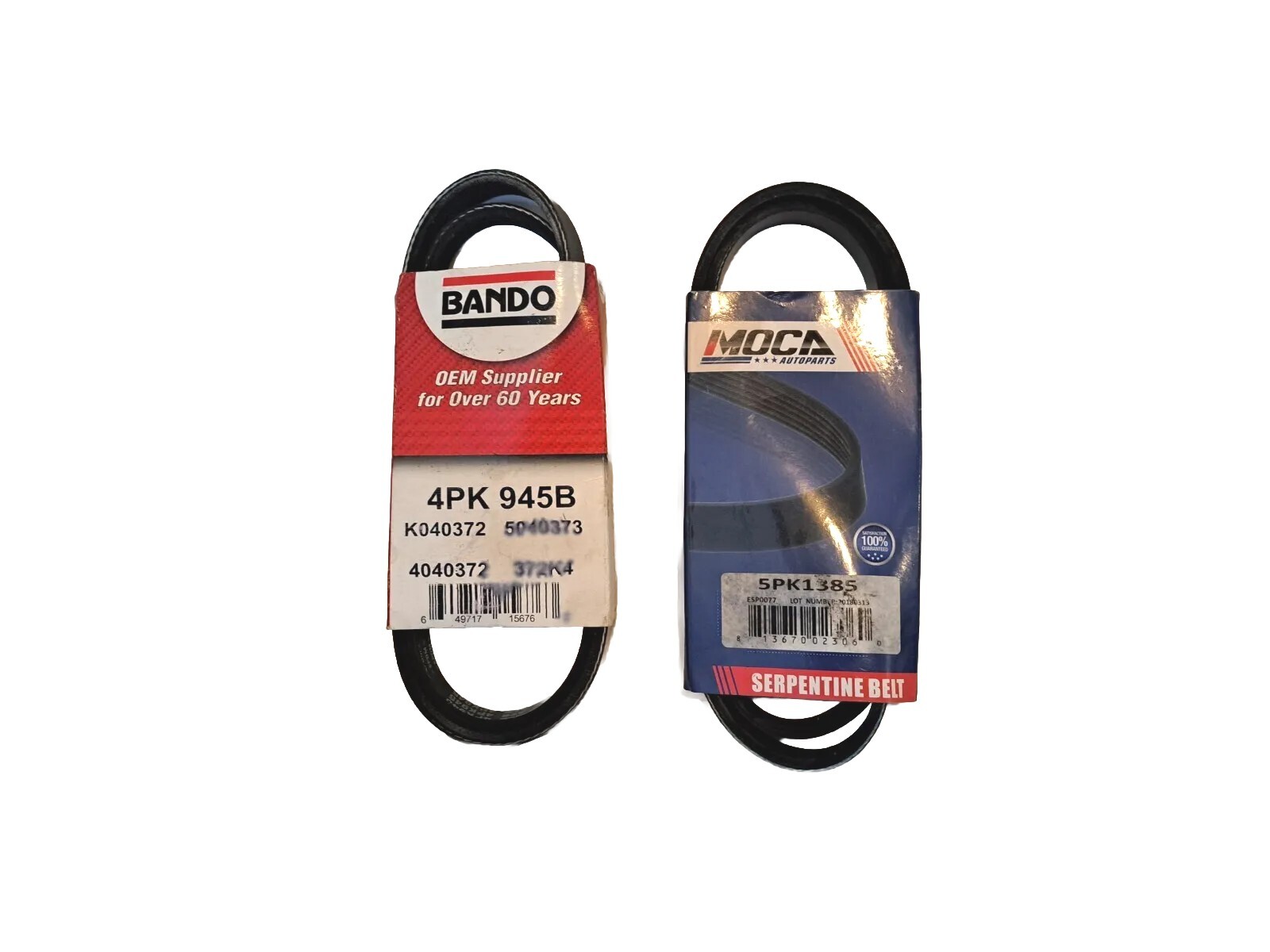 Two serpentine belts Moca 5pk1385 And bando 4pk 945b Two serpentine belts Moca 5pk1385 And bando 4pk 945b