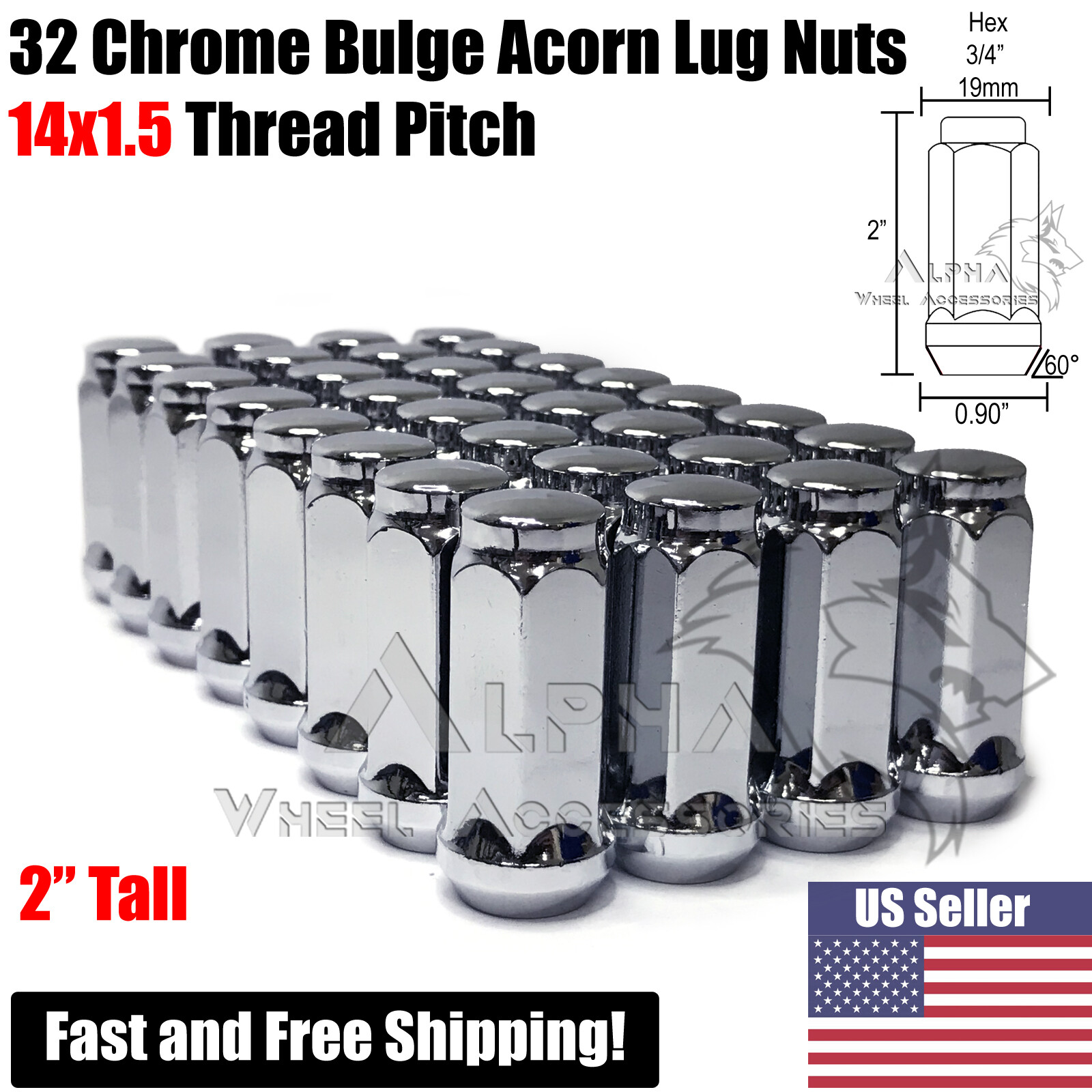 32 Chevy GMC Silverado Sierra 2500 3500 HD 14x1.5 XL Chrome Bulge Acorn Lug Nuts 32 Chevy GMC Silverado Sierra 2500 3500 HD 14x1.5 XL Chrome Bulge Acorn Lug Nuts