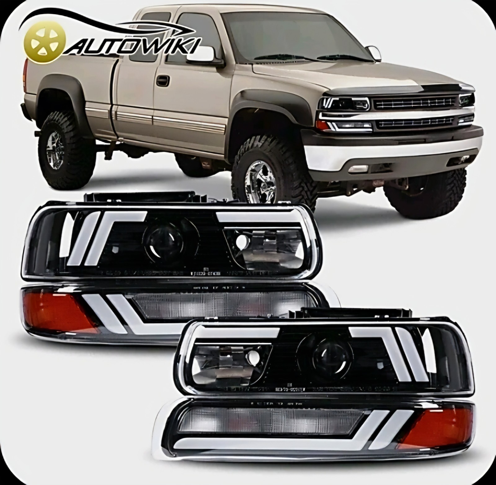 LED DRL Headlights+bumper Lamps For 99-02 Chevy Silverado 00-06 Tahoe Clear Lens