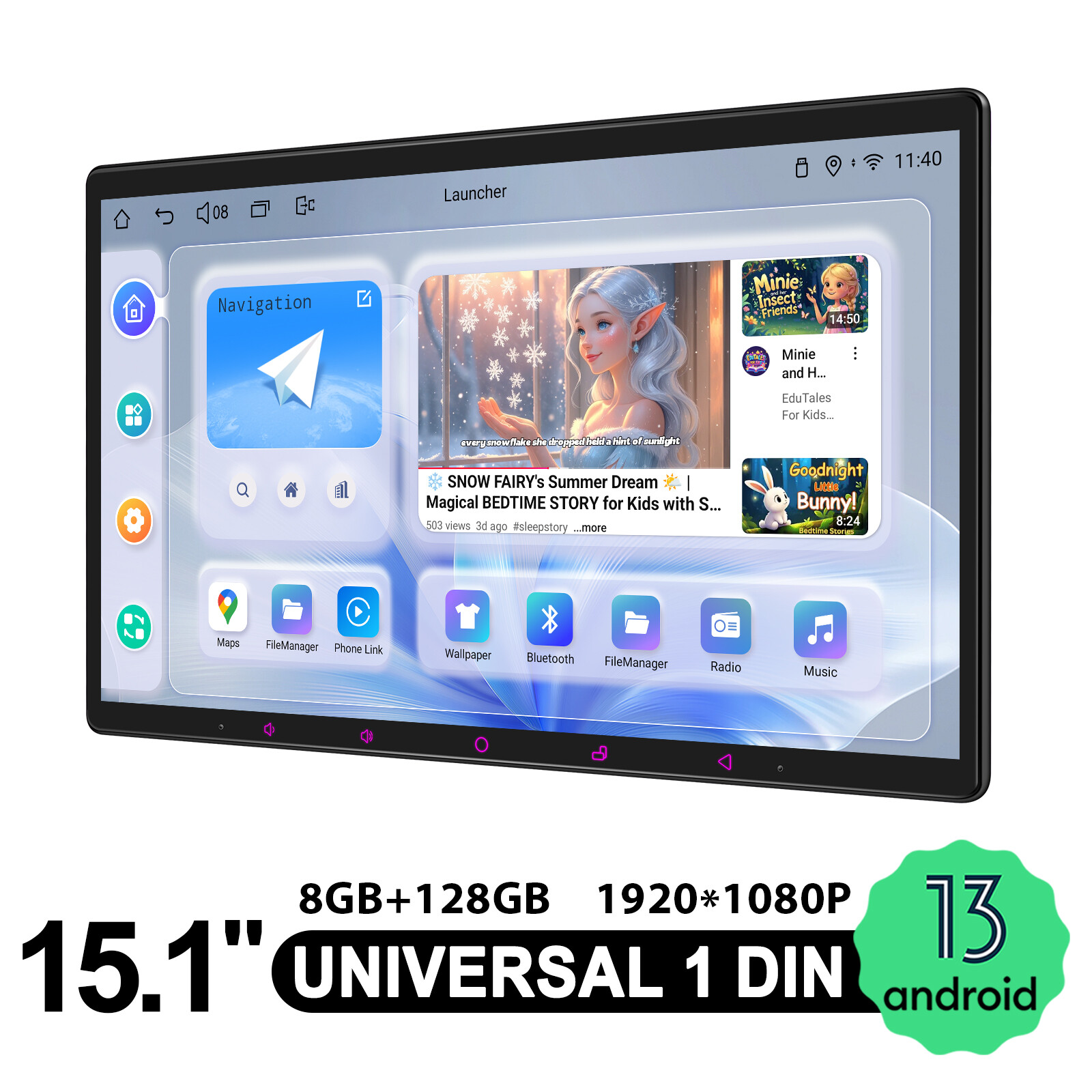 Universal Single Din 15.1 inch touchscreen Android 13 car stereo with 8+128GB