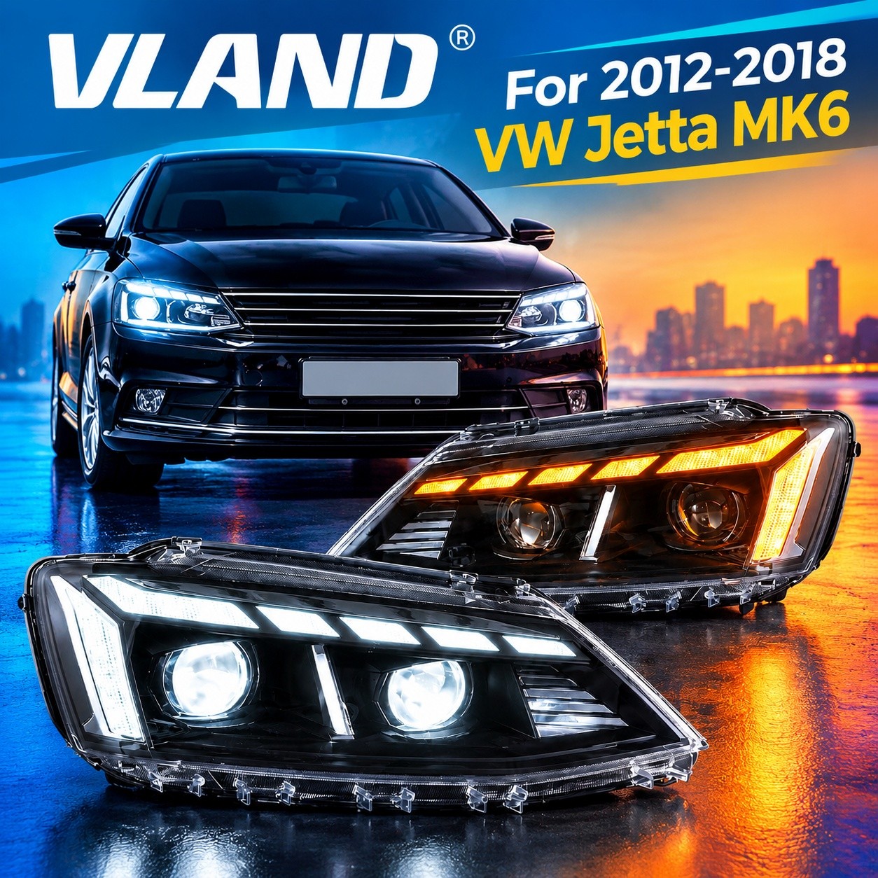 VLAND LED Headlights For 2012-18 VW Jetta MK6 Sagitar With Sequential Dynamic VLAND LED Headlights For 2012-18 VW Jetta MK6 Sagitar With Sequential Dynamic