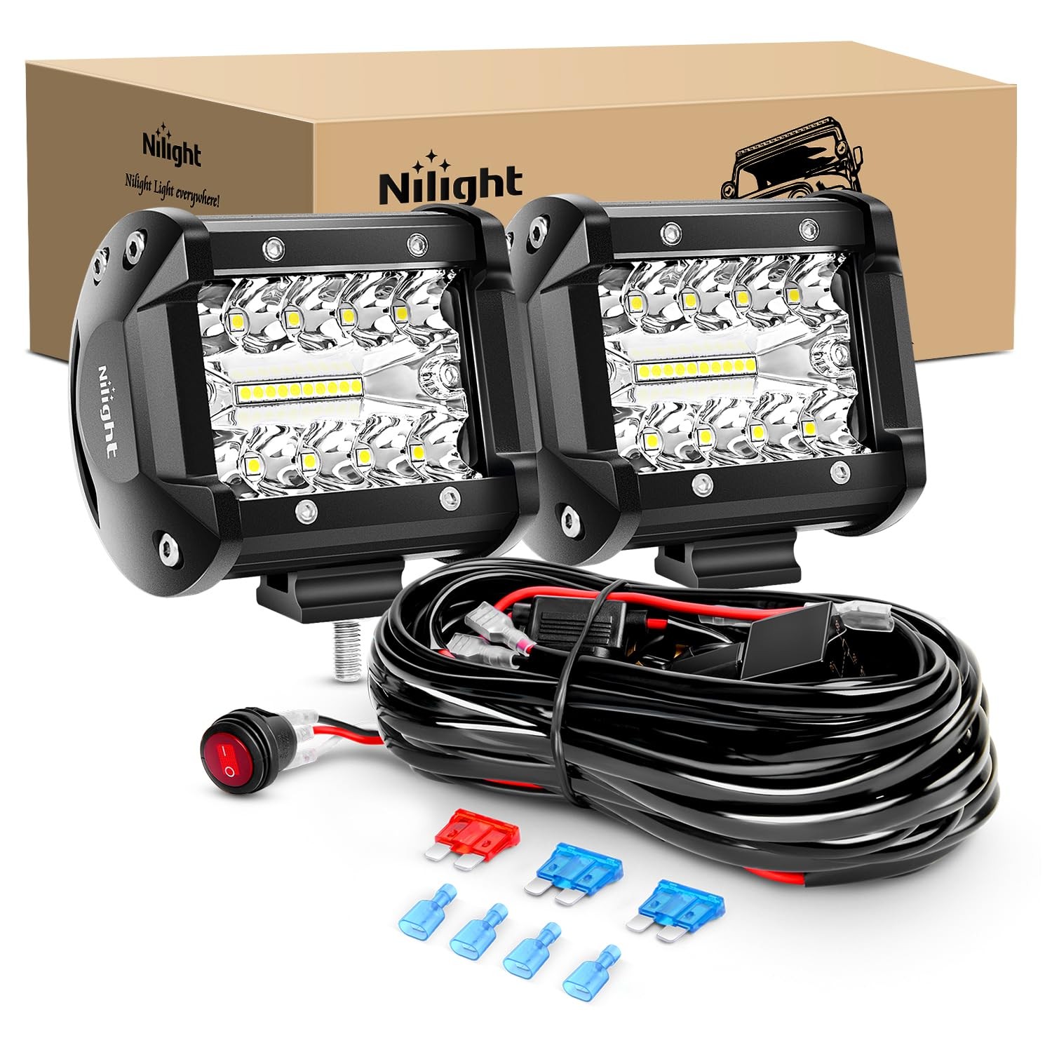 Nilight LED Light Bar 2PCS 60W 4 Led Pods, White with Wiring Harness