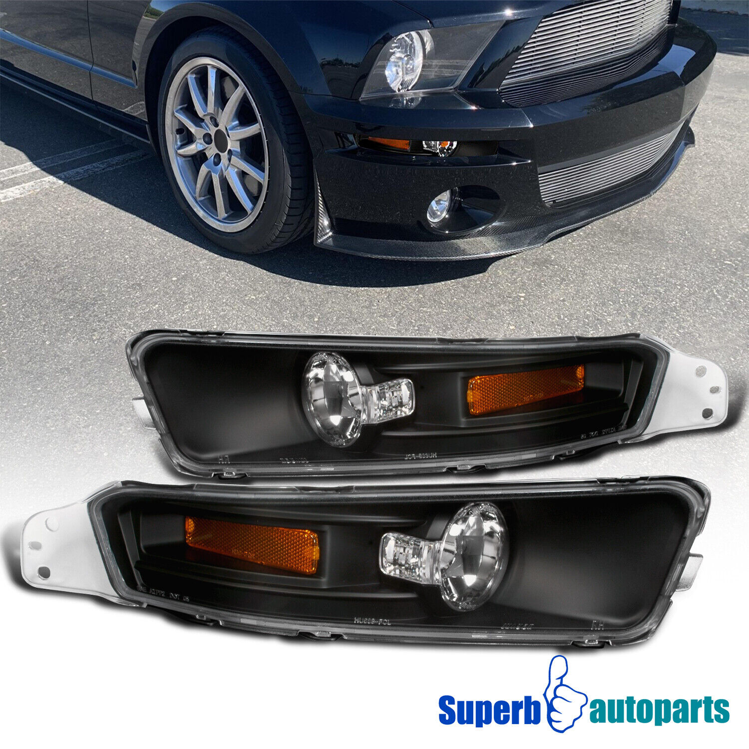 Fits 2005-2009 Ford Mustang GT V6 Black Corner Signal Bumper Lights Parking Lamp