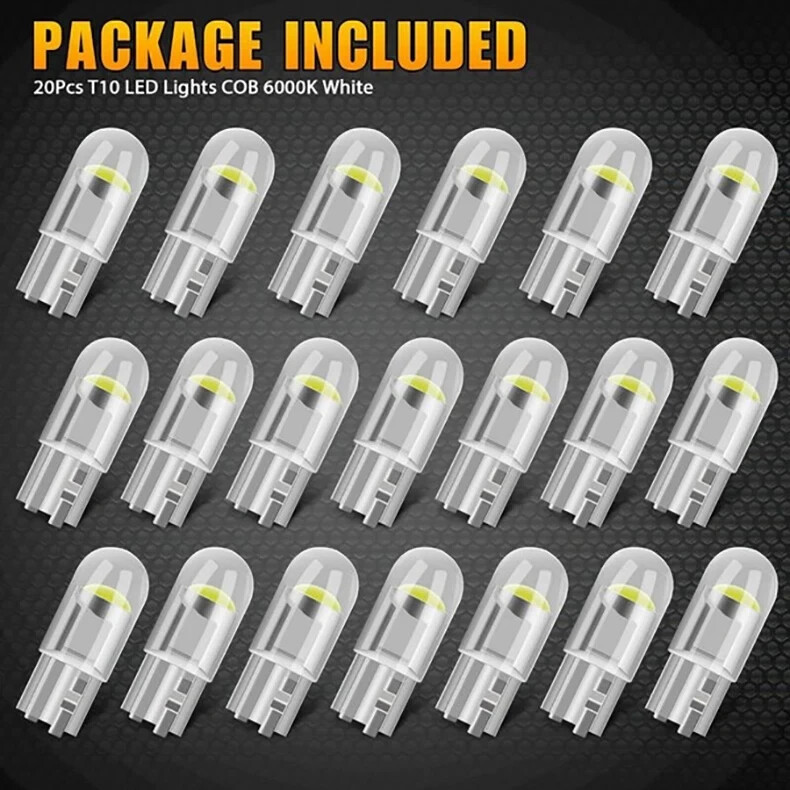 20* T10 194 168 W5W 2825 COB LED License Plate Interior Light Bulbs 6000K White