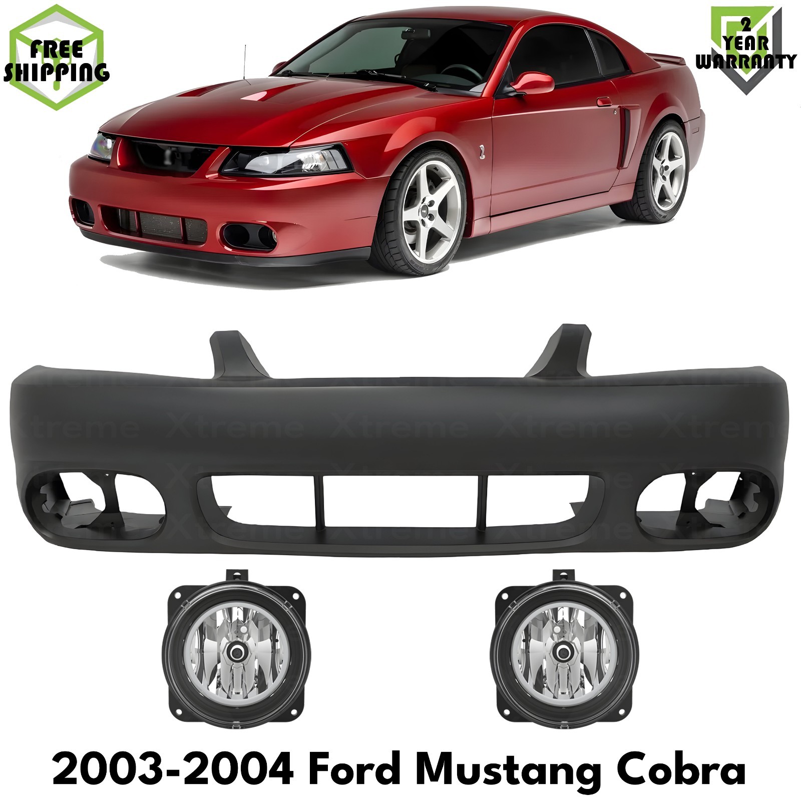 Front Bumper Cover Primed Plastic & Fog Lights For 2003-2004 Ford Mustang Cobra
