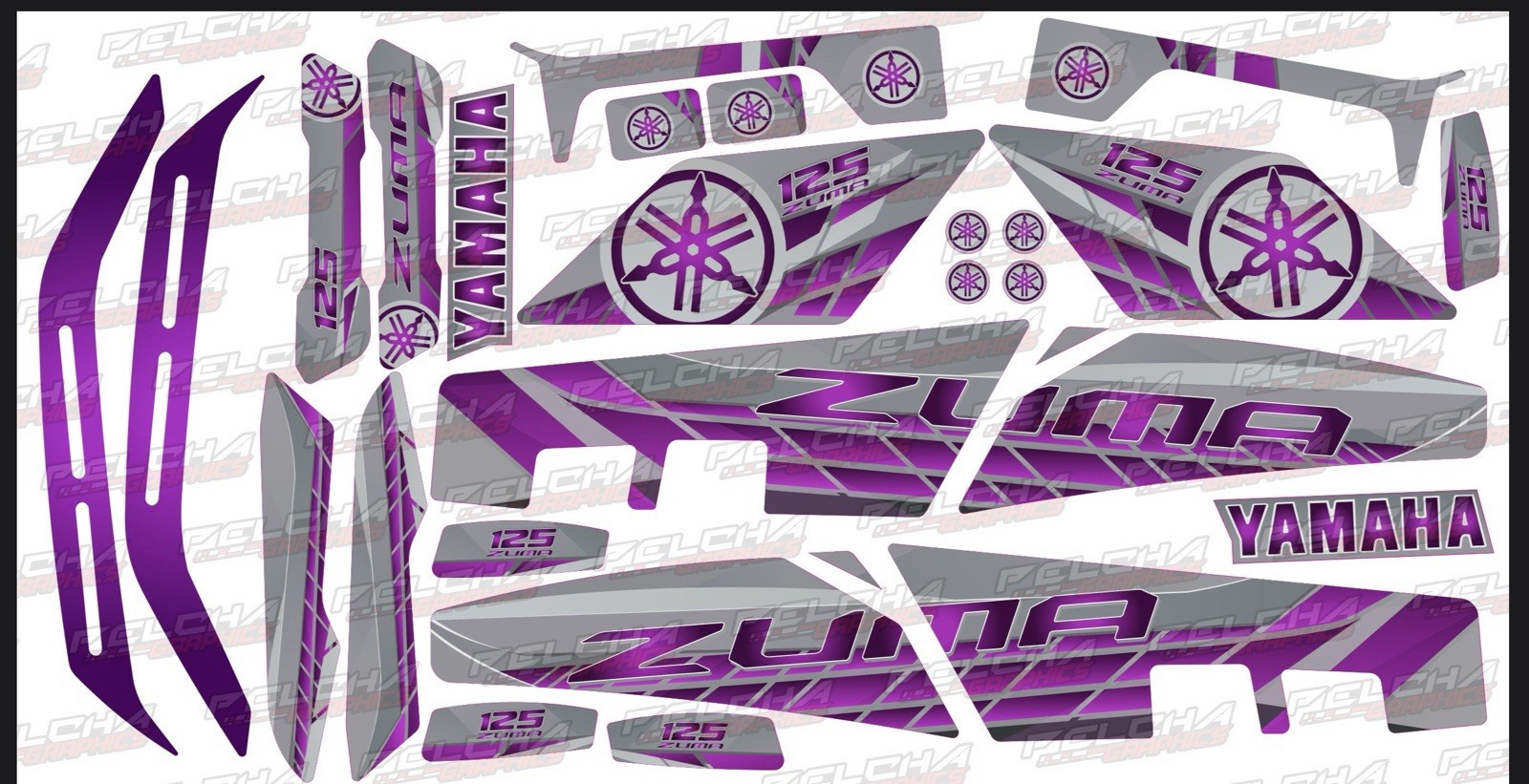Kit Graficas Calcomanías BWS Purple Metallic Gray Yamaha Zuma Chuma 2022+