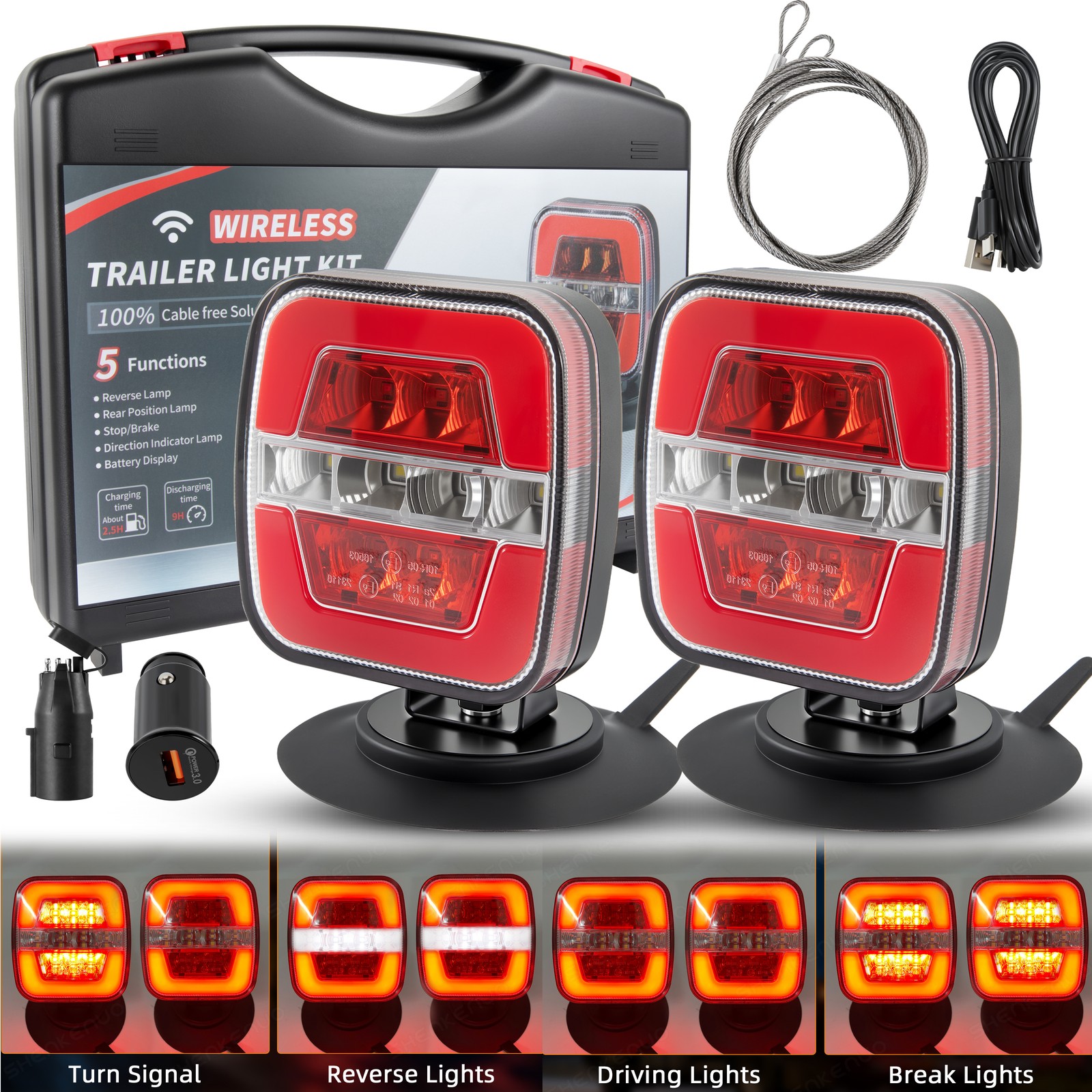 2X Wireless Trailer Lights Magnetic LED Tow Light Turn Signal Brake Reverse Stop
