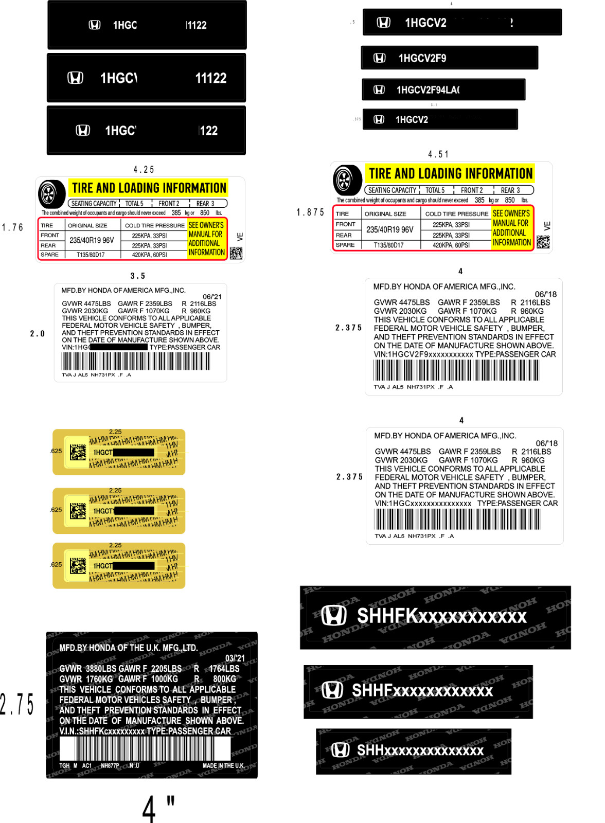Honda Door VIN Data Decal 3M High Tack with Window Label Tire Pressure 3pc Set