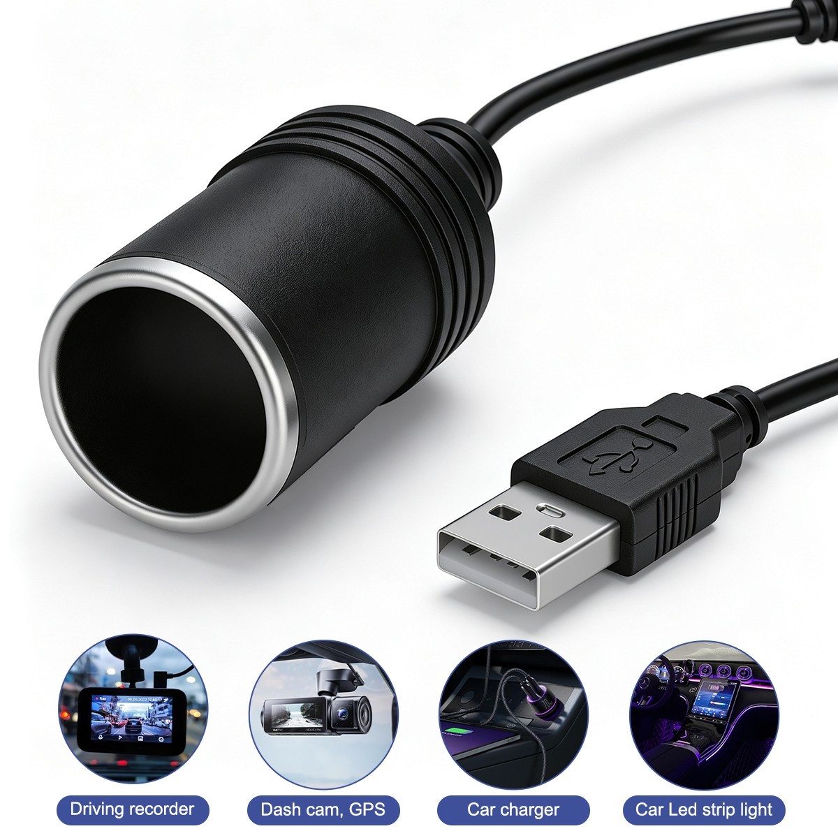 USB Male to 12V Cigarette Lighter Female Socket Adapter, Portable Power Supply