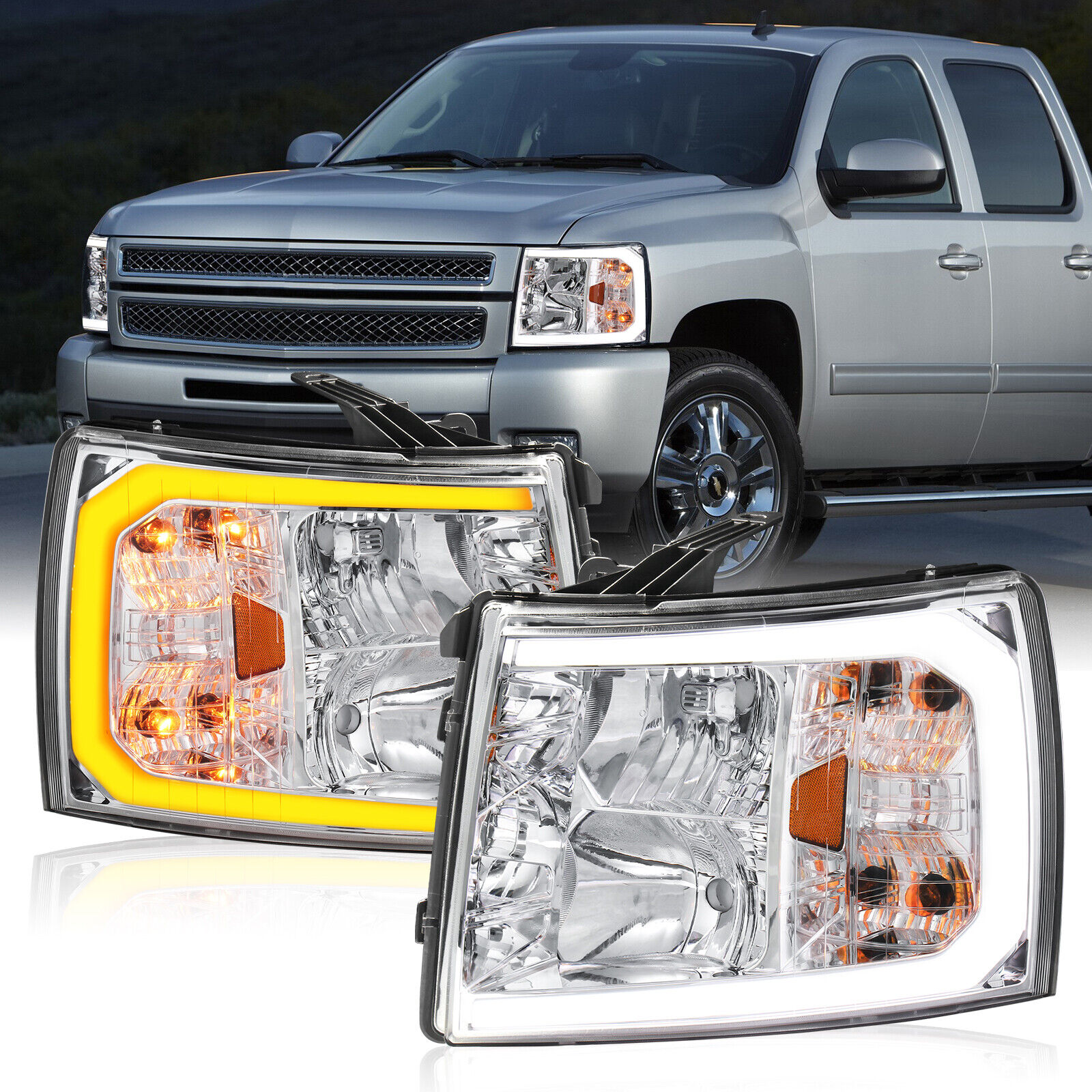 LED Headlights w/ Sequential Signal For 07-13 Chevy Silverado 1500 2500HD 3500HD