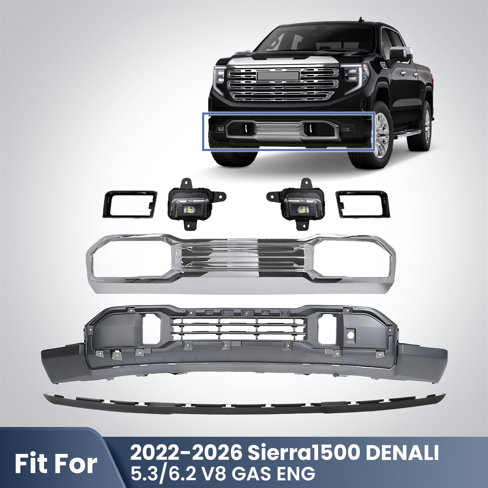 For 2022-2026 GMC Sierra1500 DENALI Lower Bumper&Deflector&Foglights NA ENG