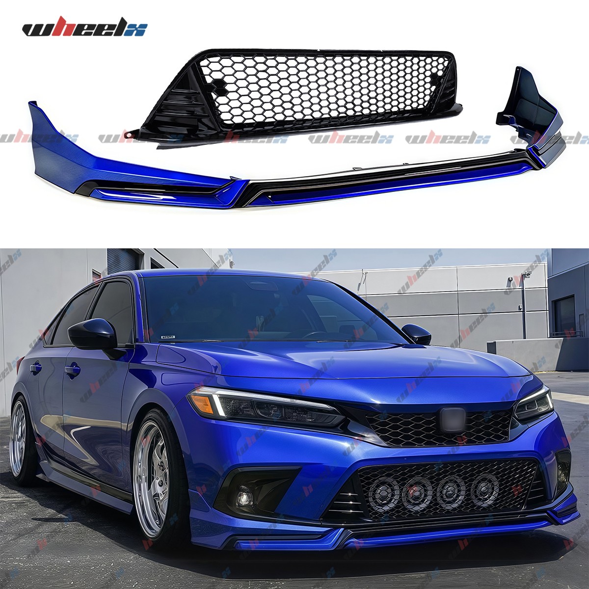 For 2022-24 Honda Civic Aegean Blue Front Bumper Lip Splitter & Honeycomb Grille