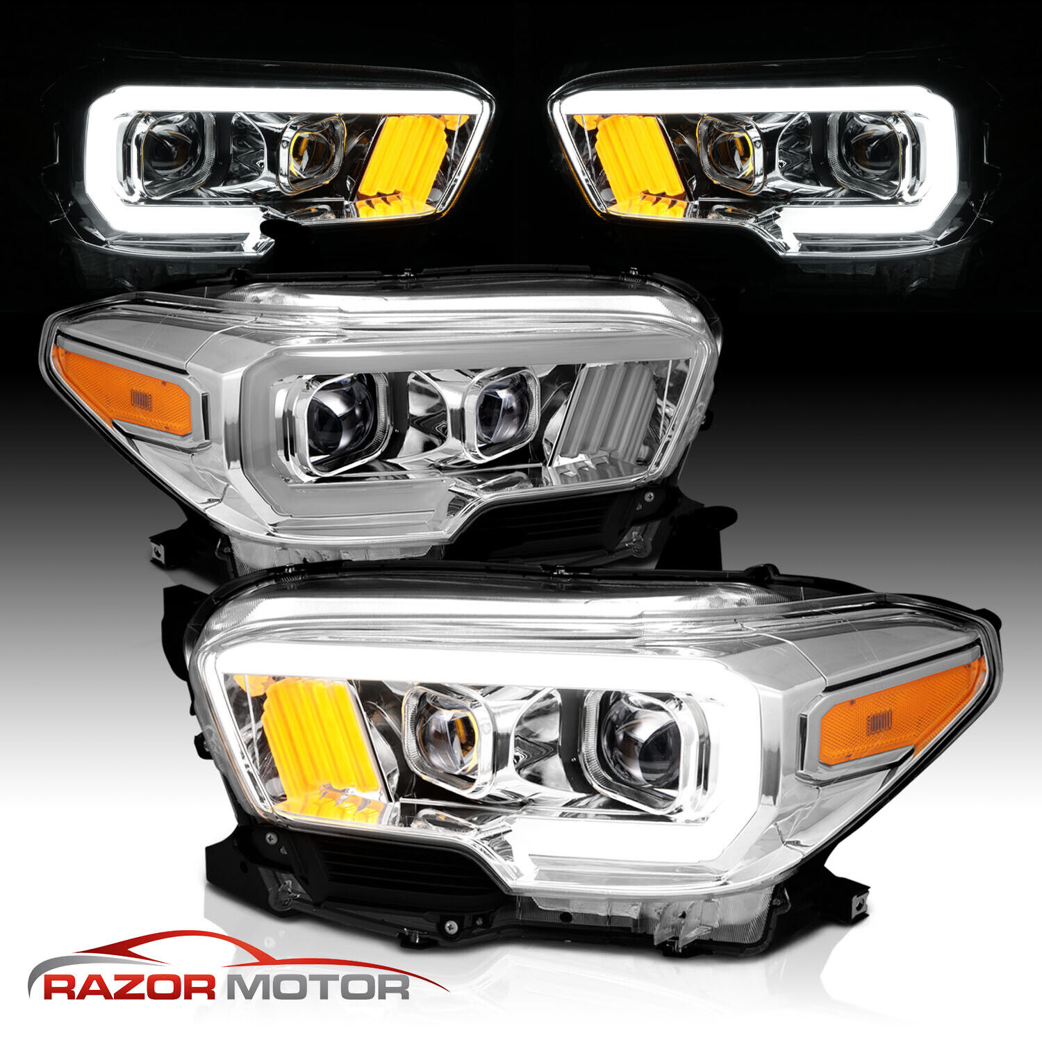 For 16-23 Toyota Tacoma SR/SR5 LED Bar Chrome Projector Headlights Signal lamp