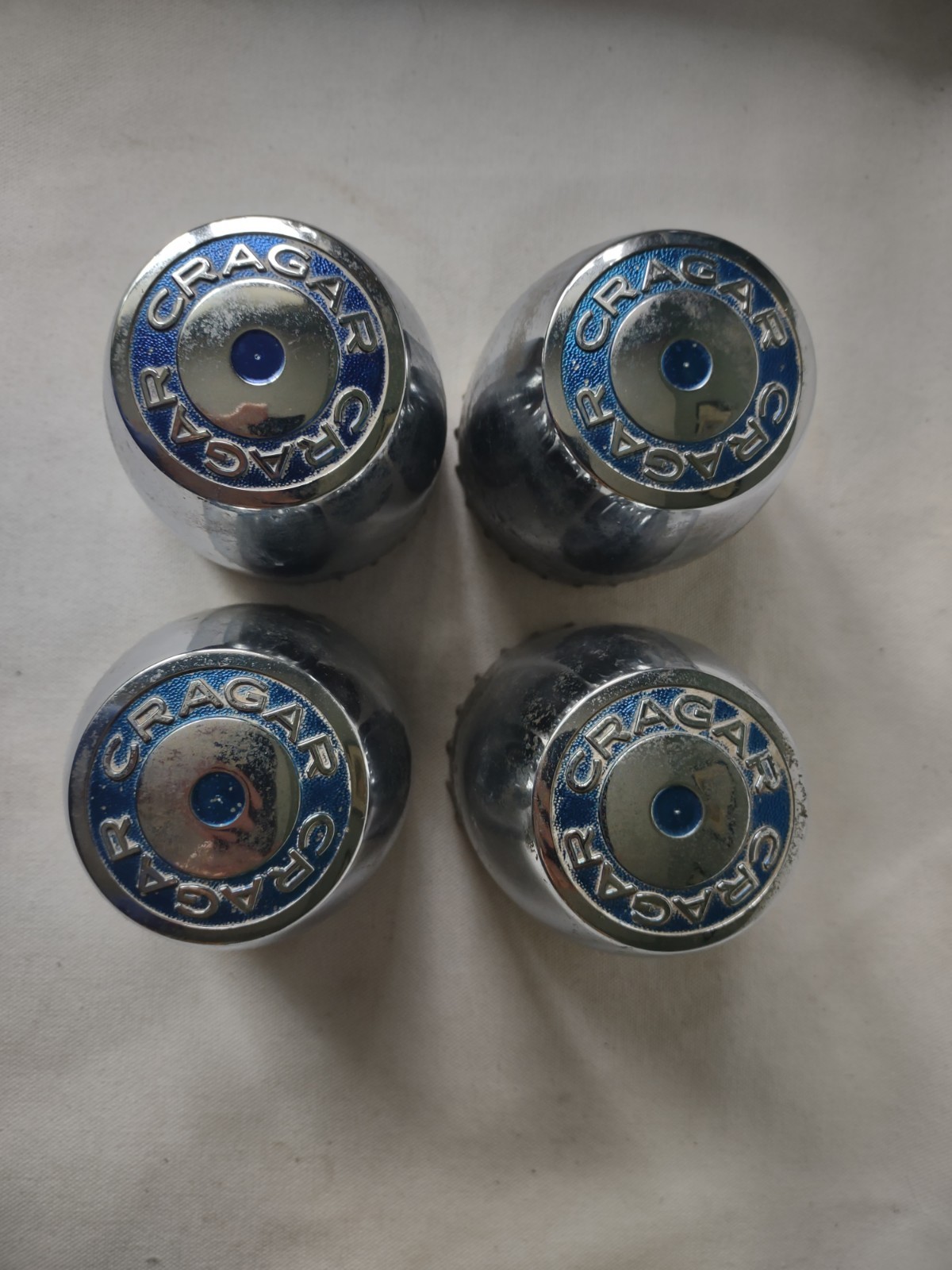(4) Vintage Cragar Wheels Center Caps Blue Chrome Look Plastic