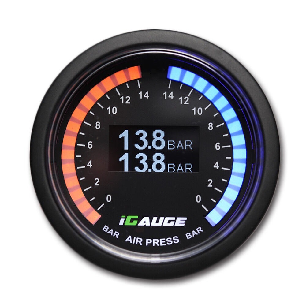 52mm Digital Dual Air Pressure Gauge 13.8 BAR White OLED Air Ride Suspension 52mm Digital Dual Air Pressure Gauge 13.8 BAR White OLED Air Ride Suspension