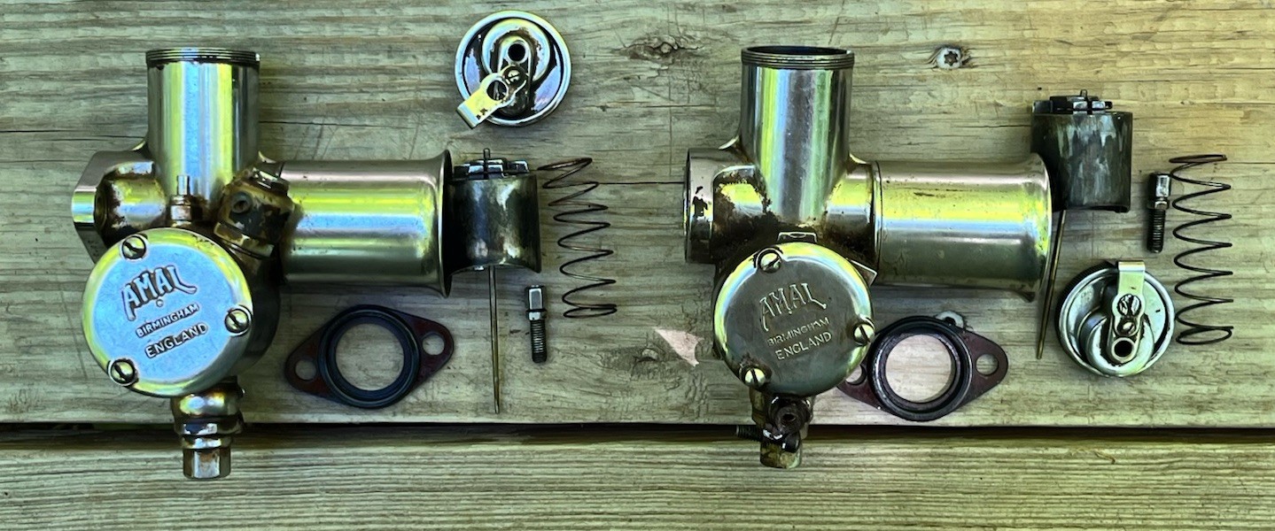 twin amal carburetors from a 1957 bsa a 10 pre unit  650 engine AS IS needs reb