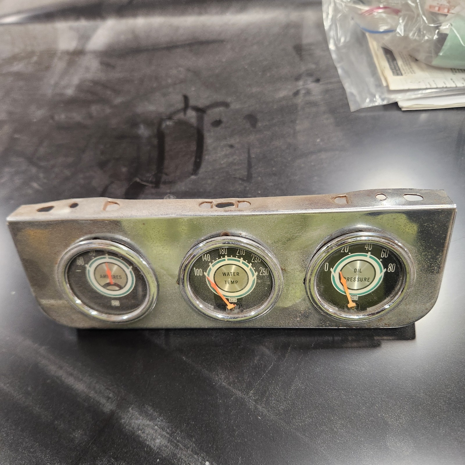 Vintage Set Of Stewart Warner Green Line Gauges  Oil Temp Amperes