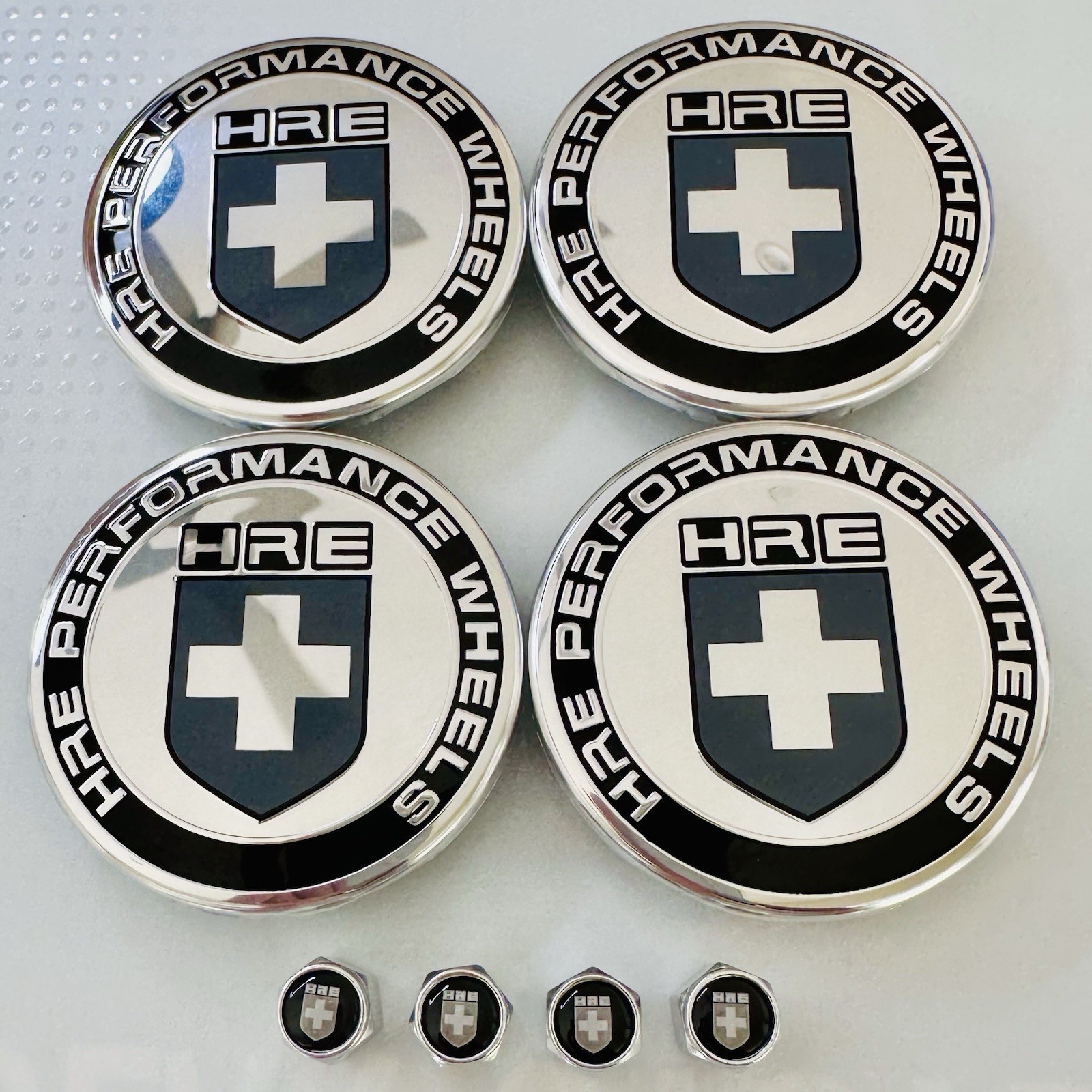 4pc OEM HRE Gray Black 63mm Center Caps XC635HRE—2PC and 4pc Chrome Valve Caps