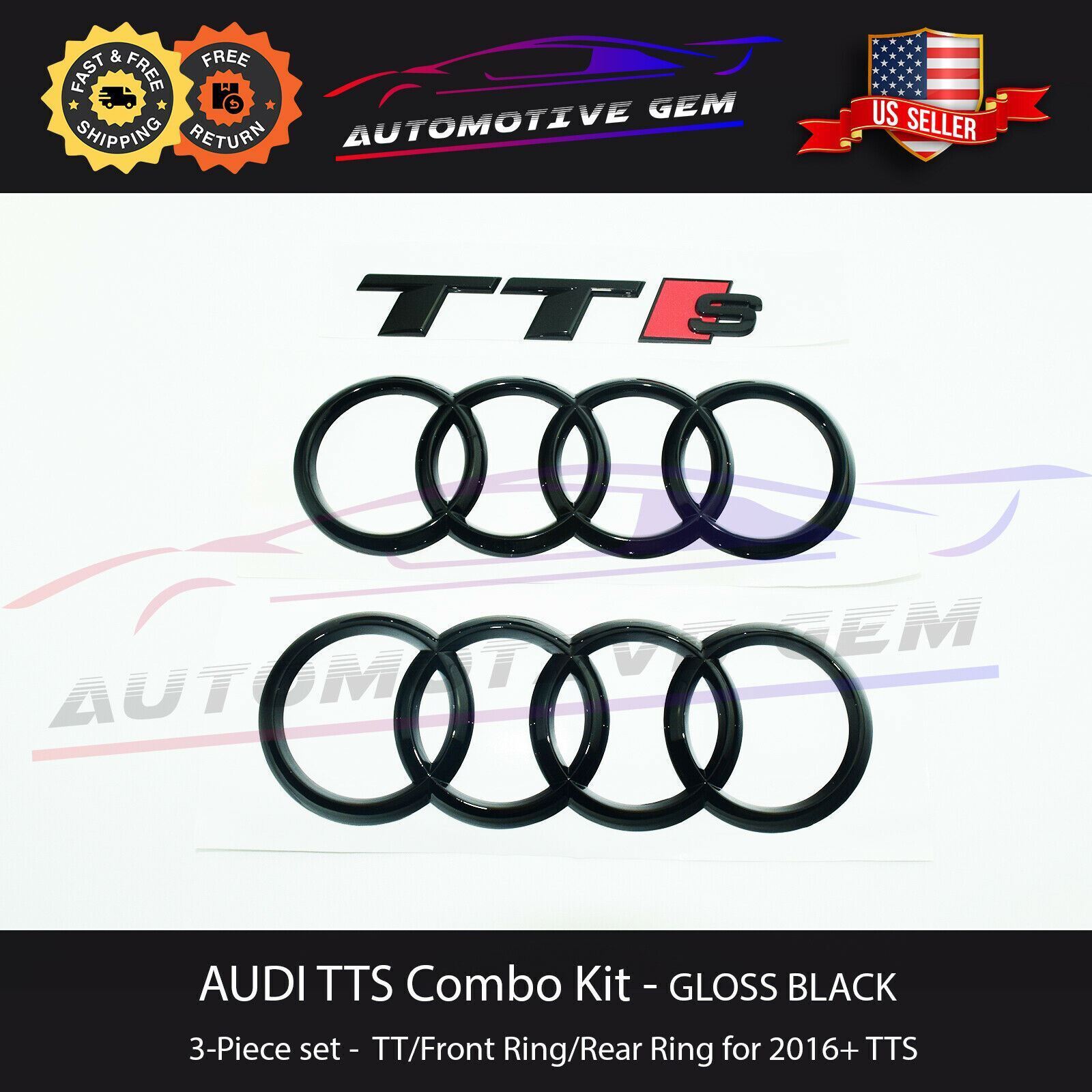AUDI TTS Hood Trunk Ring Emblem GLOSS BLACK S Line quattro Logo Badge Kit 2016+