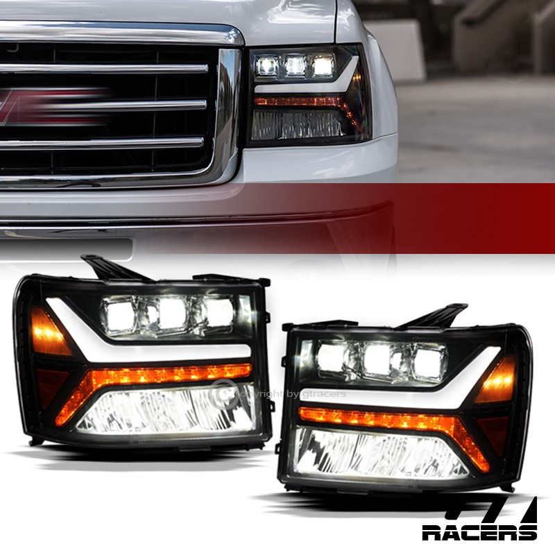 For 2007-2014 GMC Sierra Blk Full LED Sequential Tube Tri Projector Headlights