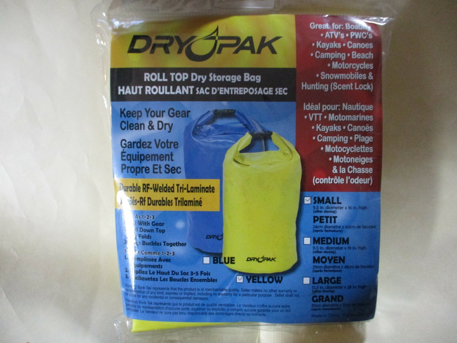Kwik Tek Dry Pak Roll Top Dry Storage Bag Yellow 9.5\ Kwik Tek Dry Pak Roll Top Dry Storage Bag Yellow 9.5\