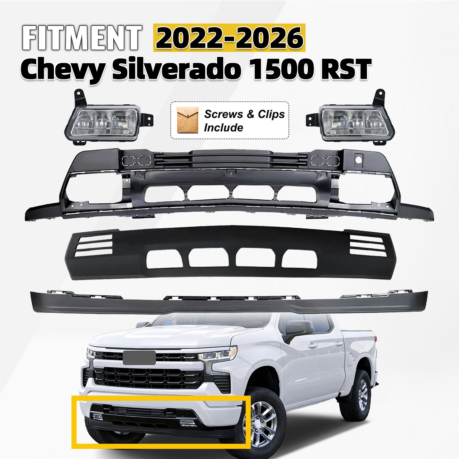For 2022-2026 Chevy Silverado 1500 RST LT TRAILBOSS Front Lower Bumper Cover Kit