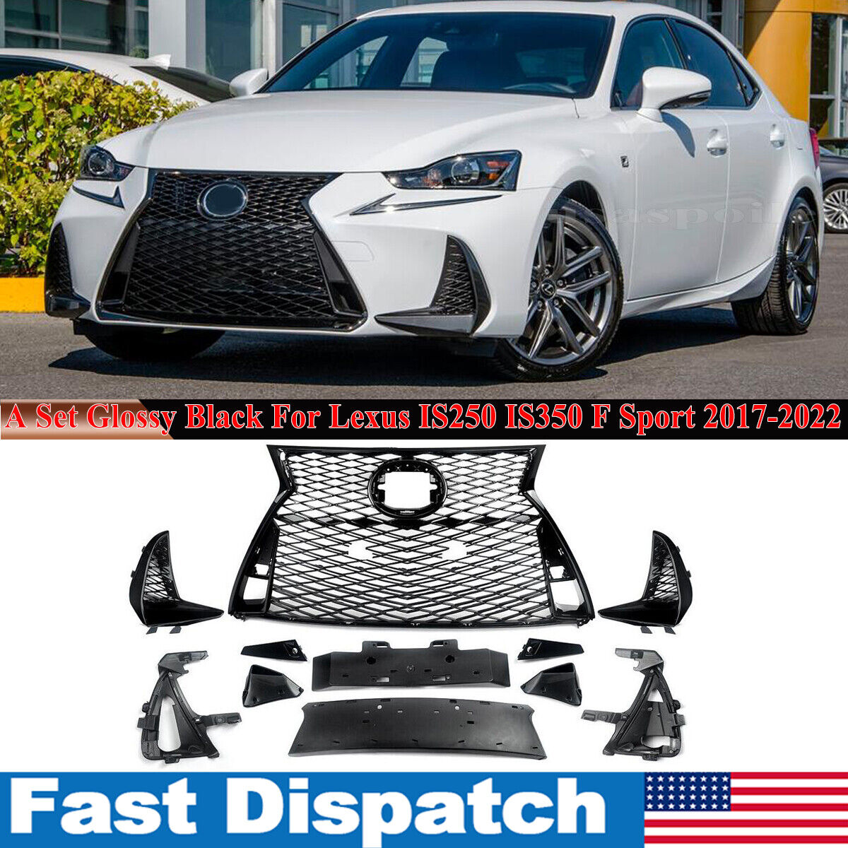 For 2017-2022 Lexus IS250 IS350 F Sport A Set Front Grille Grill Glossy Black 