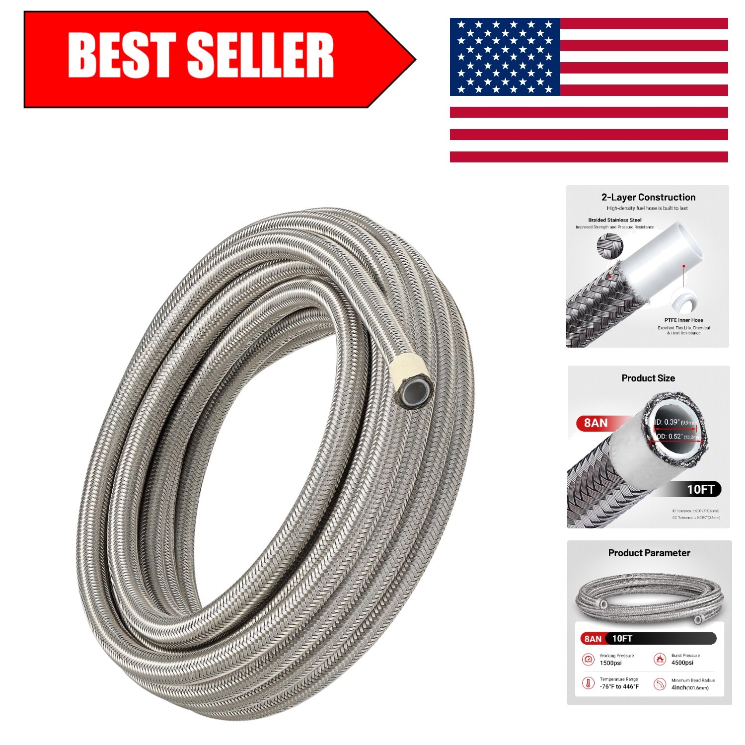 Durable 10FT 8AN PTFE Fuel Line - Stainless Braided for Maximum Safety
