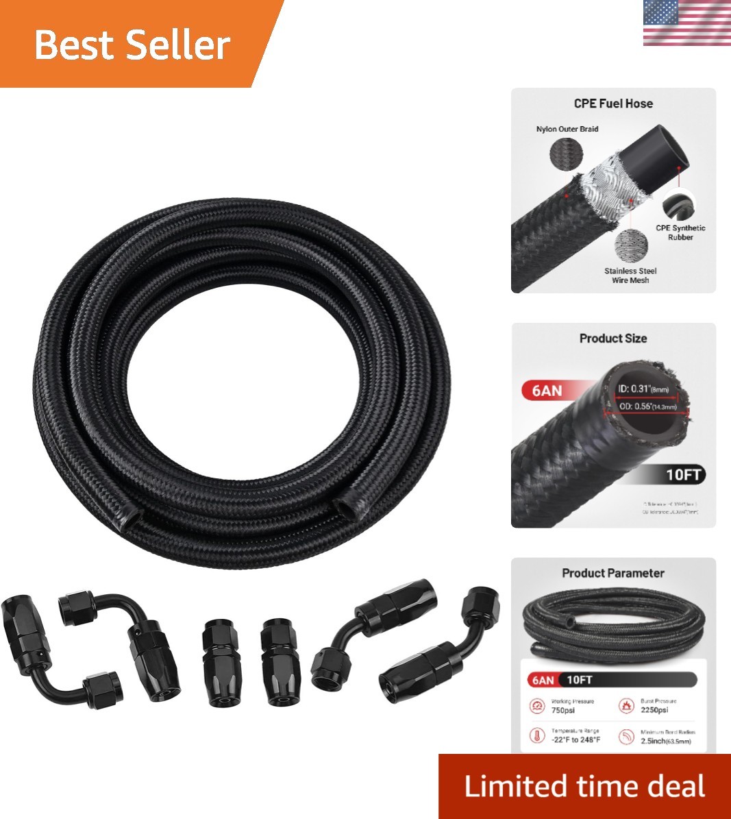 Durable 10FT 6AN Black Fuel Line Kit - High Pressure Resistance & Heat Tolerance Durable 10FT 6AN Black Fuel Line Kit - High Pressure Resistance & Heat Tolerance