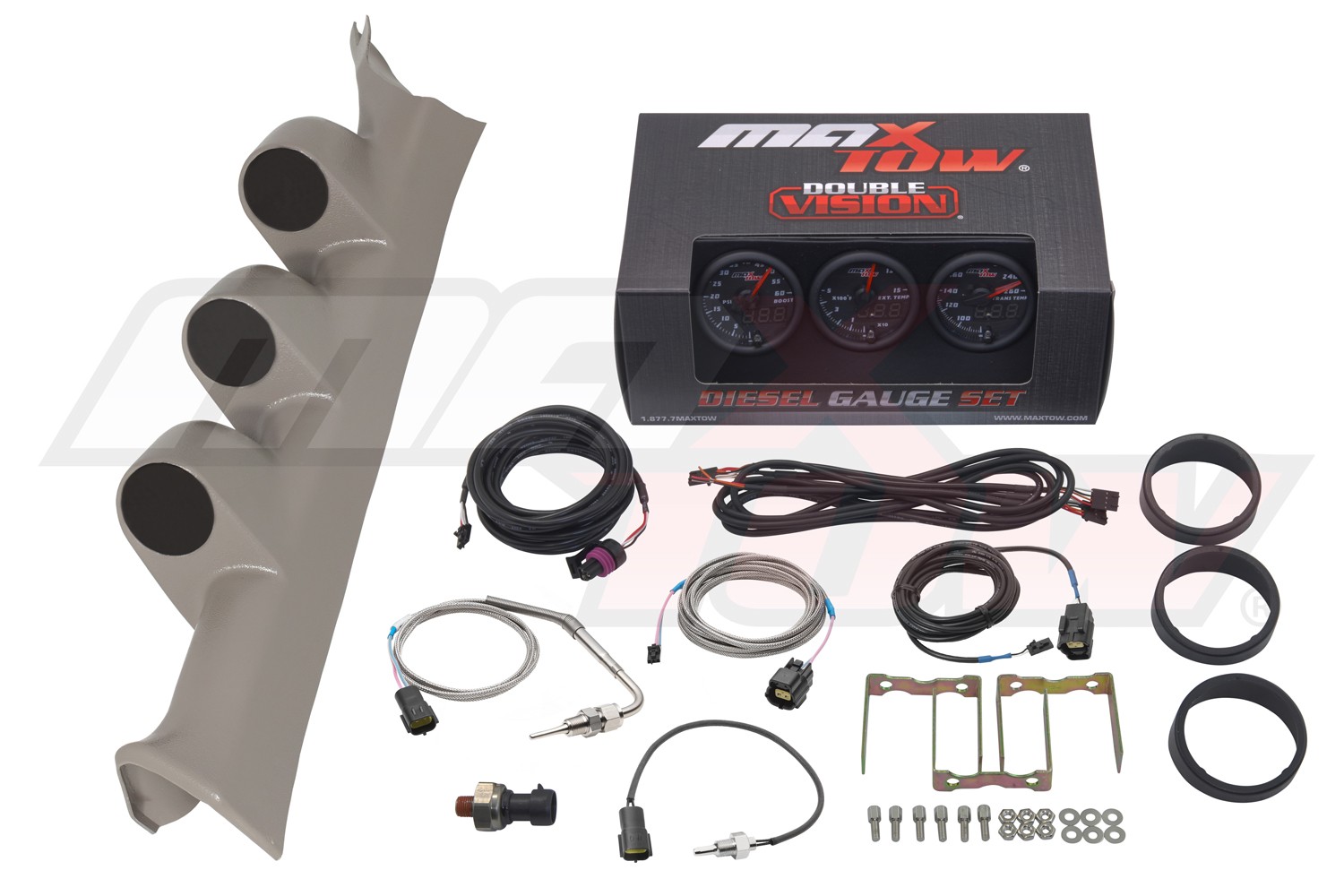 MaxTow Black/Green Boost/EGT/Trans Temp Gauges & Gray Pod Fits 08-10 Super Duty