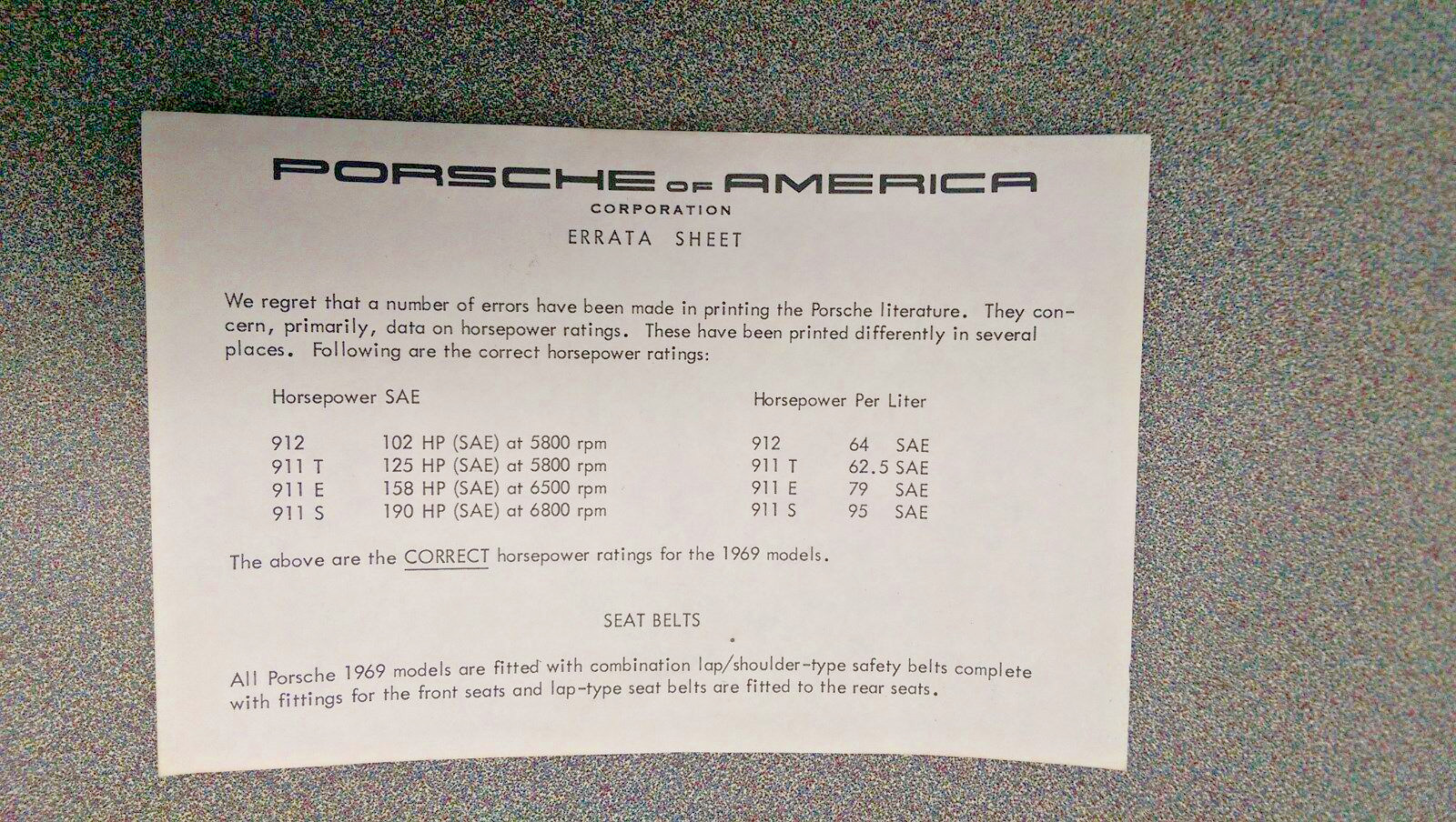 NOS ORIGINAL GENUINE PORSCHE 911T 911E 911S 912 OWNERS MANUAL ERRATA SHEET 1969