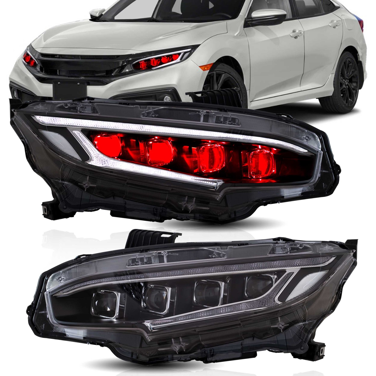 2*VLAND LED Headlights For 2016-2021 Honda Civic w/Startup AnimationDemon Eyes