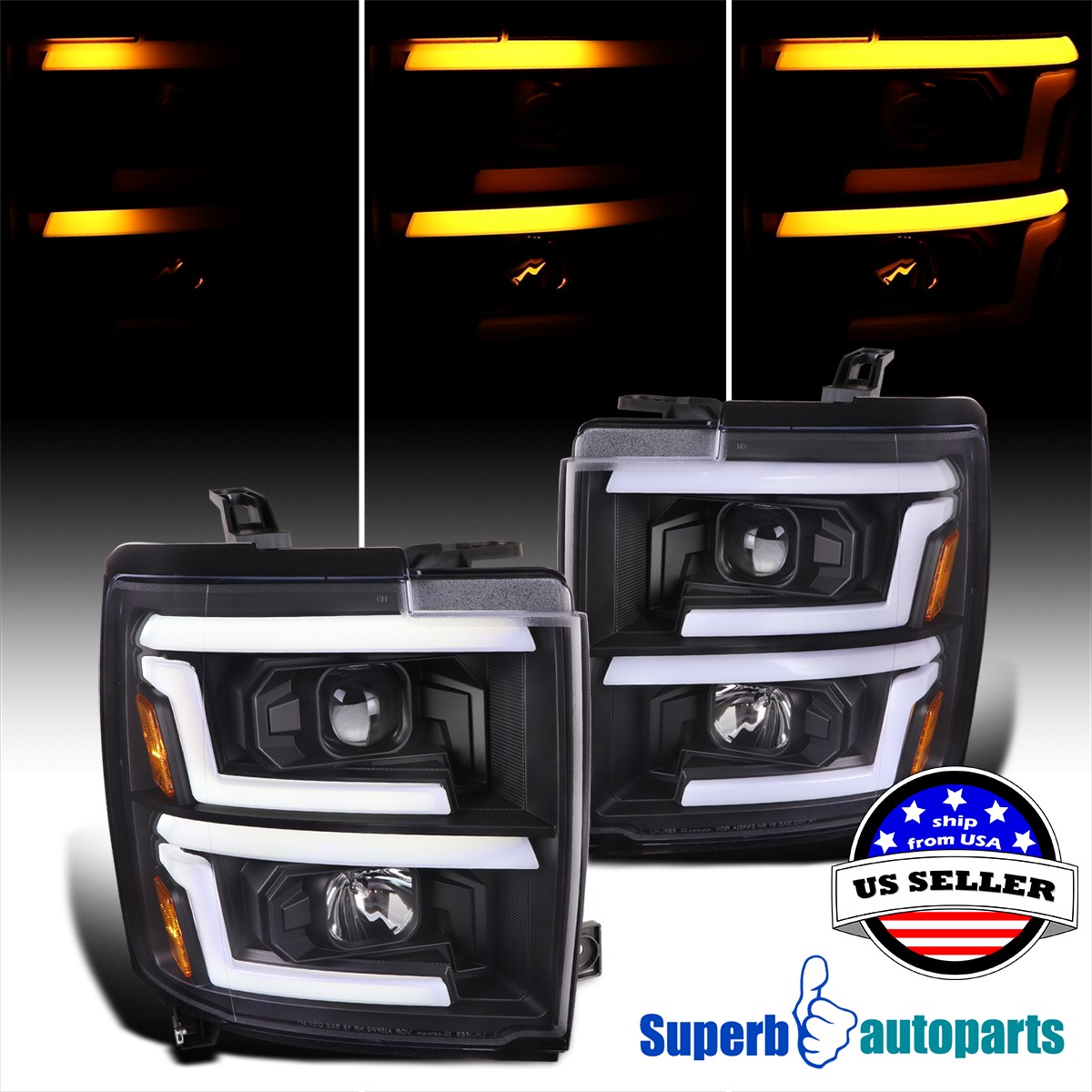 For 15-19 Chevy Silverado 2500/3500HD Black Projector Headlights+LED Sequential