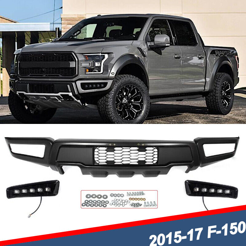 For 15-17 Ford F150 XLT Gray Raptor Style Steel Front Bumper With LED Lights OEM