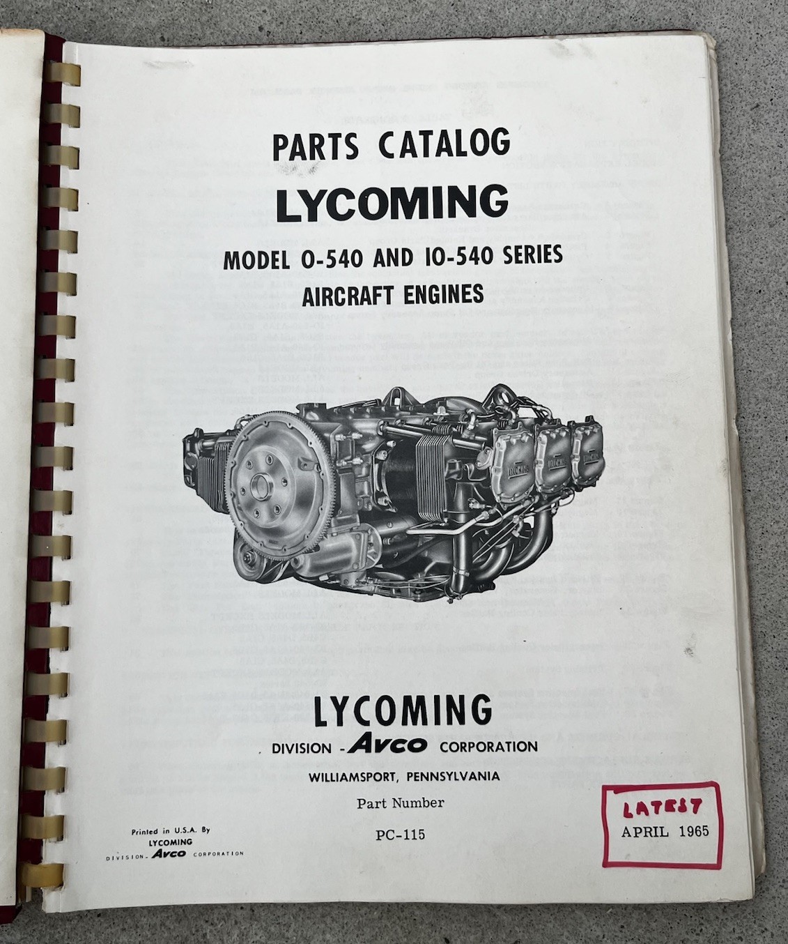 1965 AVCO Lycoming Parts 0-540. I0-540 Model Series Parts Catalog PC-115 Origina