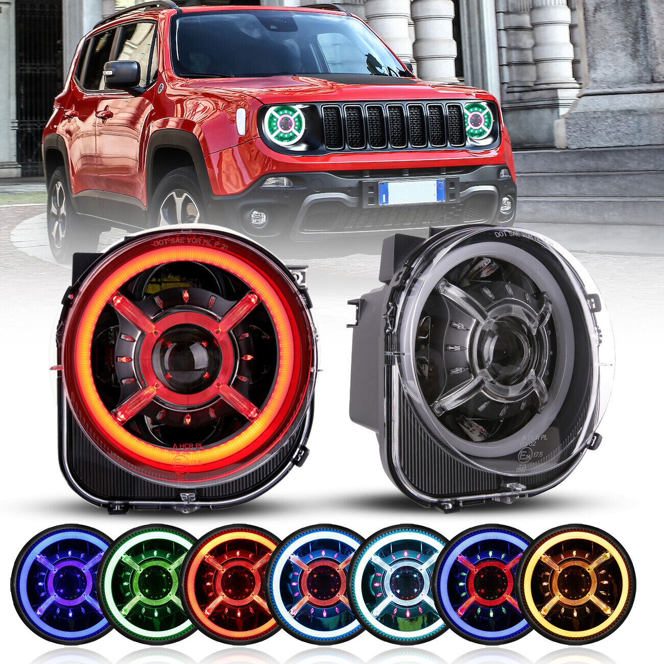 For 2015-2021 Jeep Renegade 9'' Inch LED headlights RGB Color with Angel Eyes