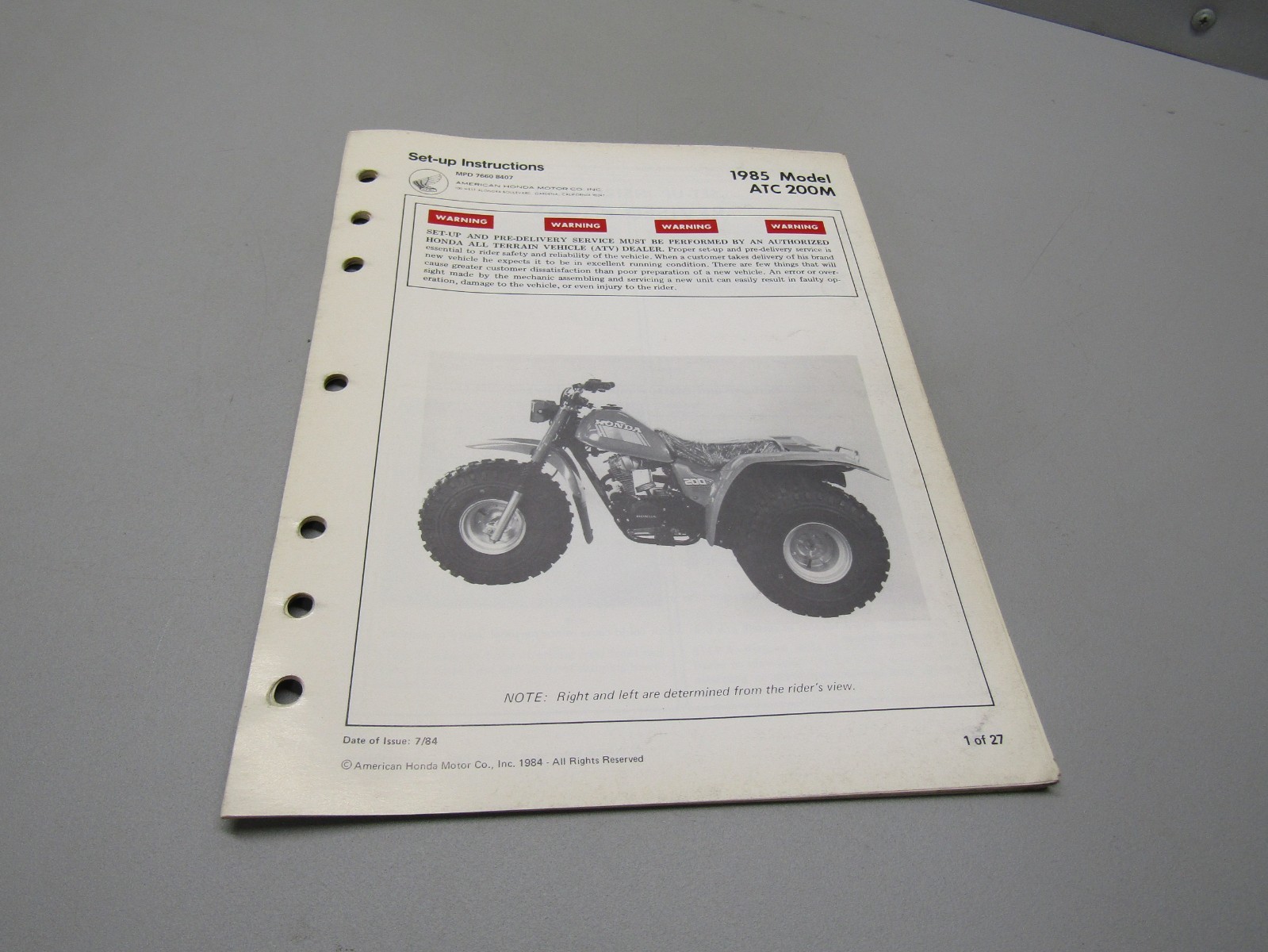 1985 HONDA ATC200M GENUINE DEALER SET UP INSTRUCTIONS 27 PAGES