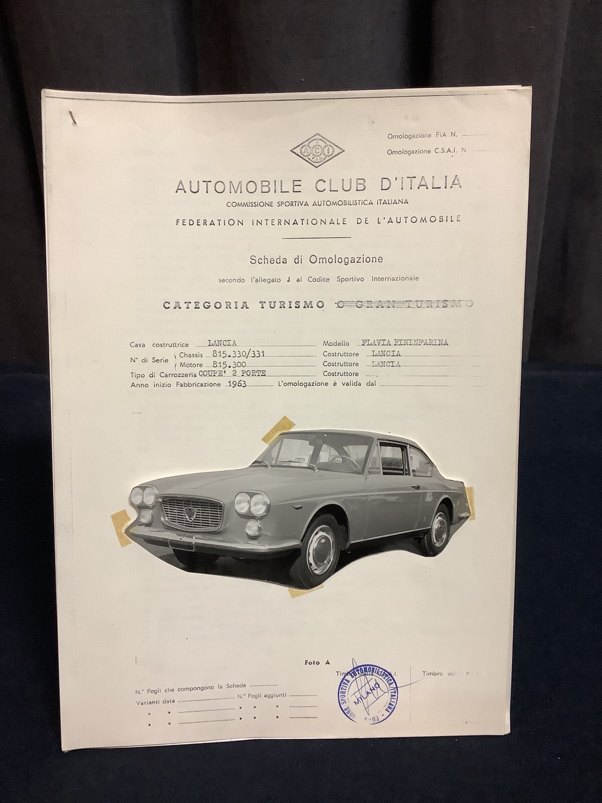 Rare Original File 1963 FIA Homologation Racing LANCIA FLAVIA PININFARINA