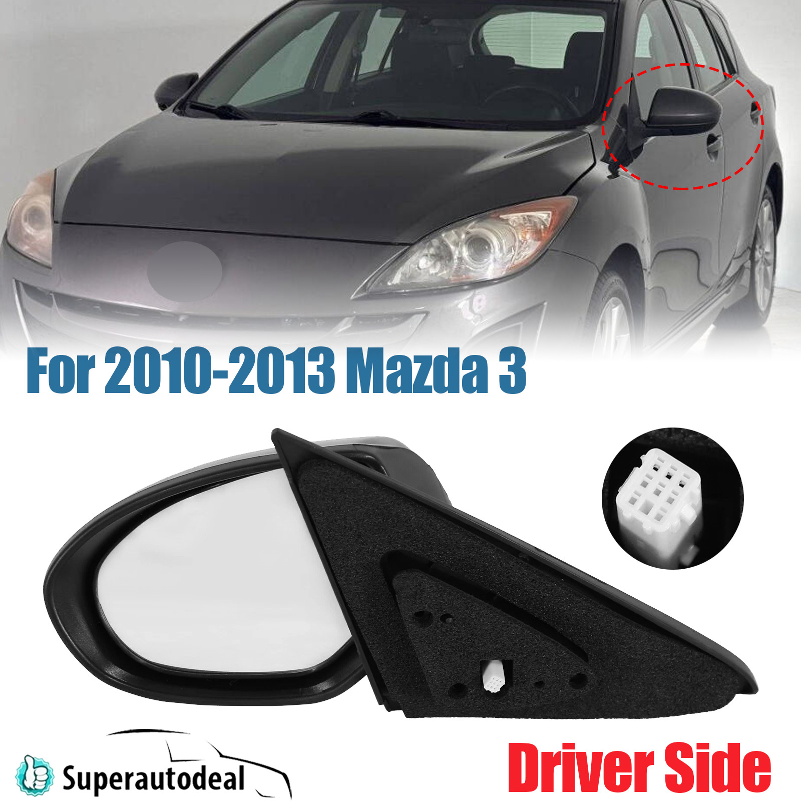 Left Driver Side For 2010-2013 10-13 Mazda 3 NEW Mirror Power Smooth Black