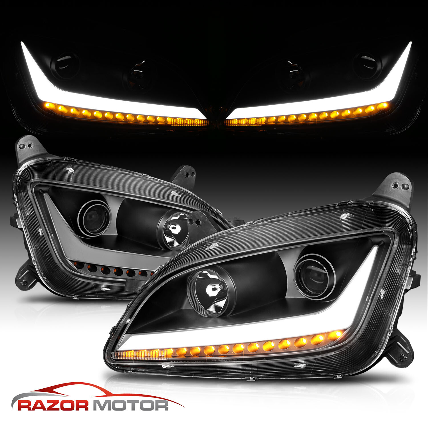 For 11-19 Peterbilt 579 587 LED Bar Signal Projector Black Headlights Pair