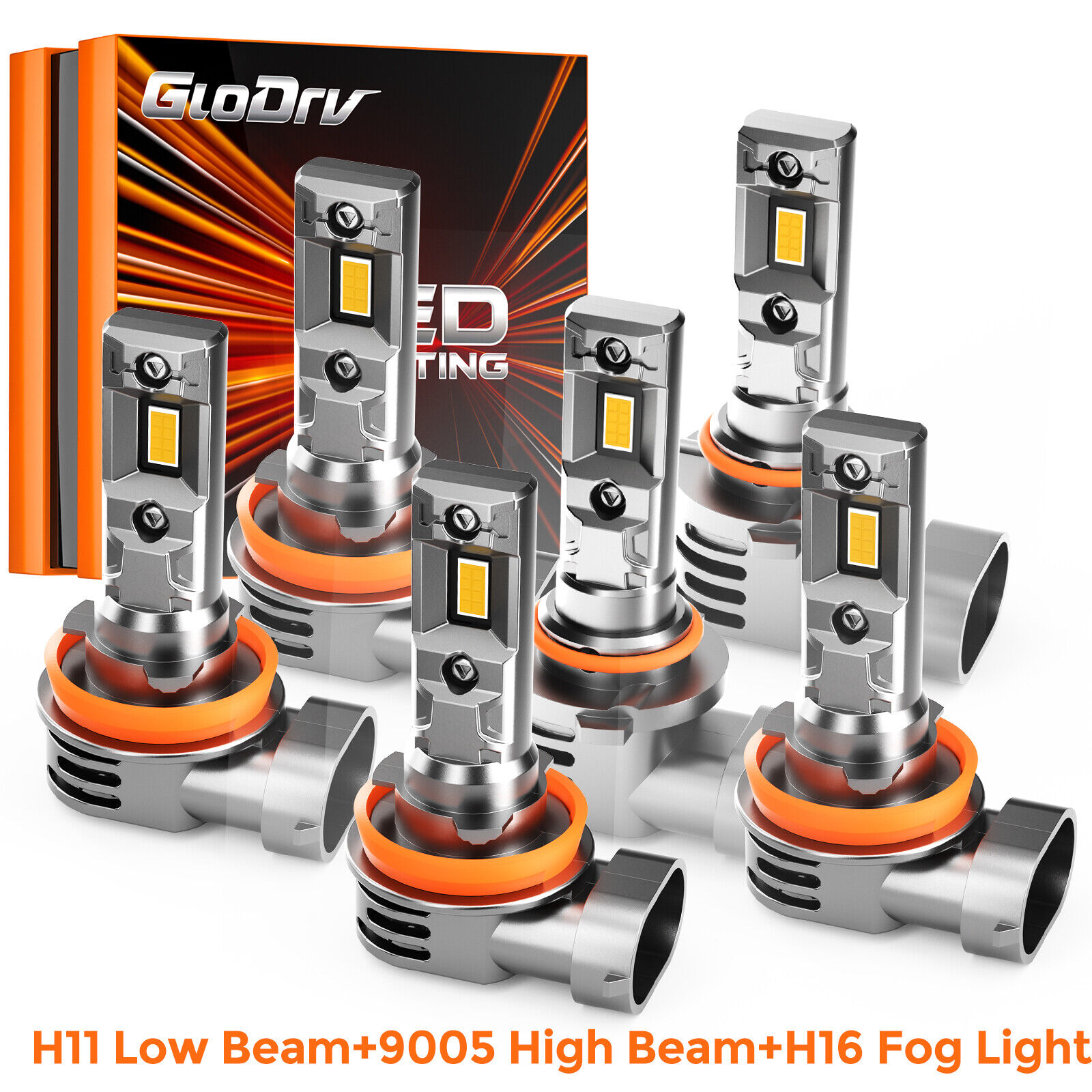 GloDrv H11+H11+9005 LED Combo Headlight High+Low Beam+Fog Light Bulb 3Pair White