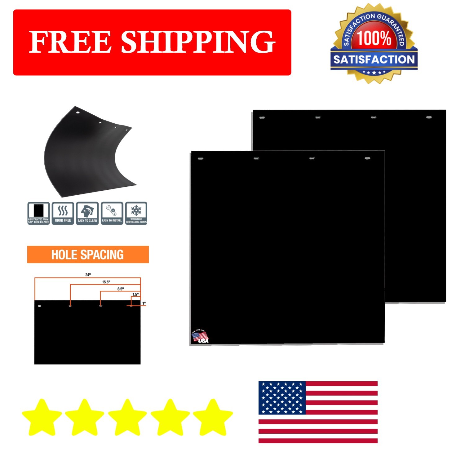 Durable 24x24 Inch Black Polymer Mud Flaps for All-Season Protection - 2 Pack
