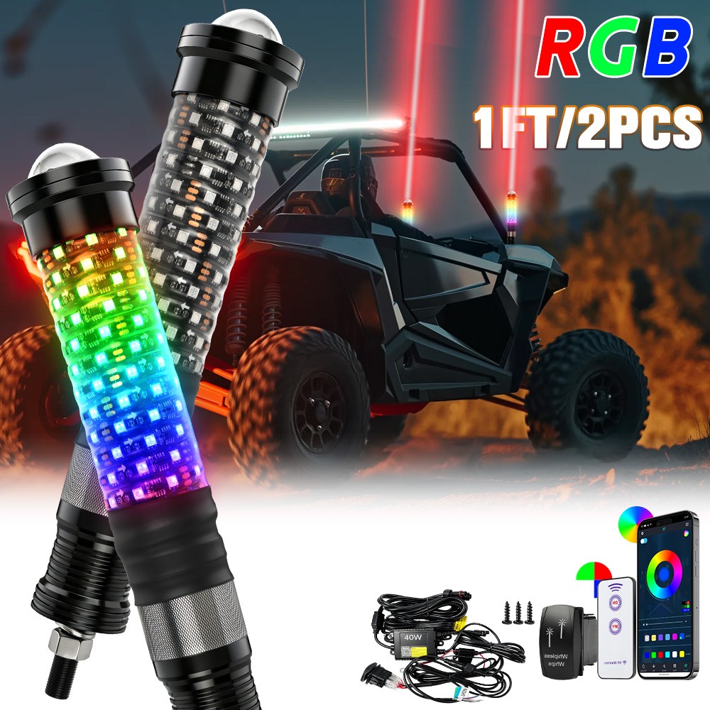 1FT RGB LED Laser Whip Lights Pair for UTV ATV SXS RZR Can-Am Bluetooth App