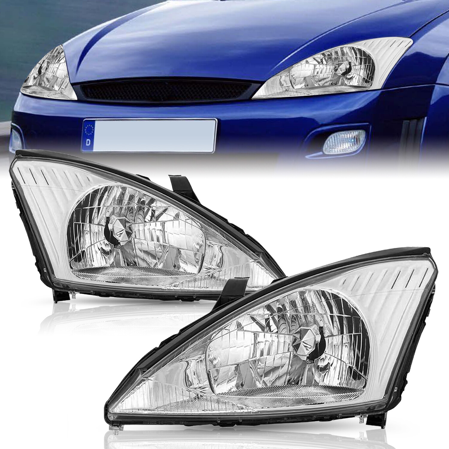 For 2000-2004 Ford Focus OE Style 2Pcs Chrome Clear Headlights Left+Right 00-04